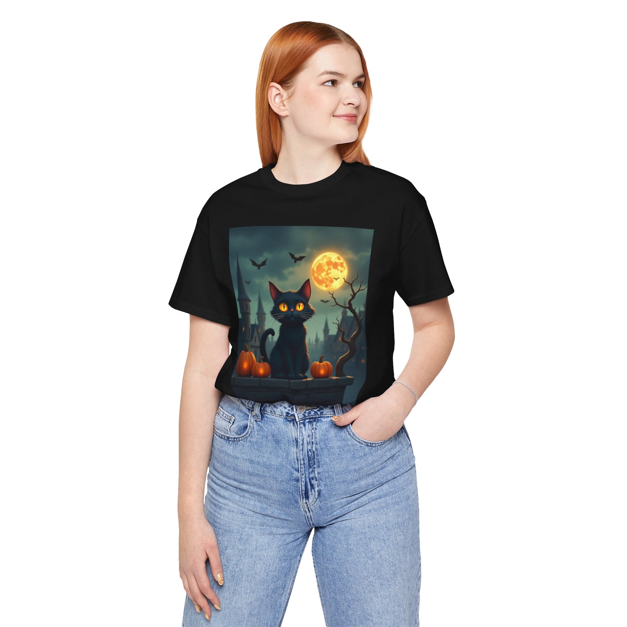 Halloween Cat with Bats and Orange Pumpkins T-shirt for Men and Women
