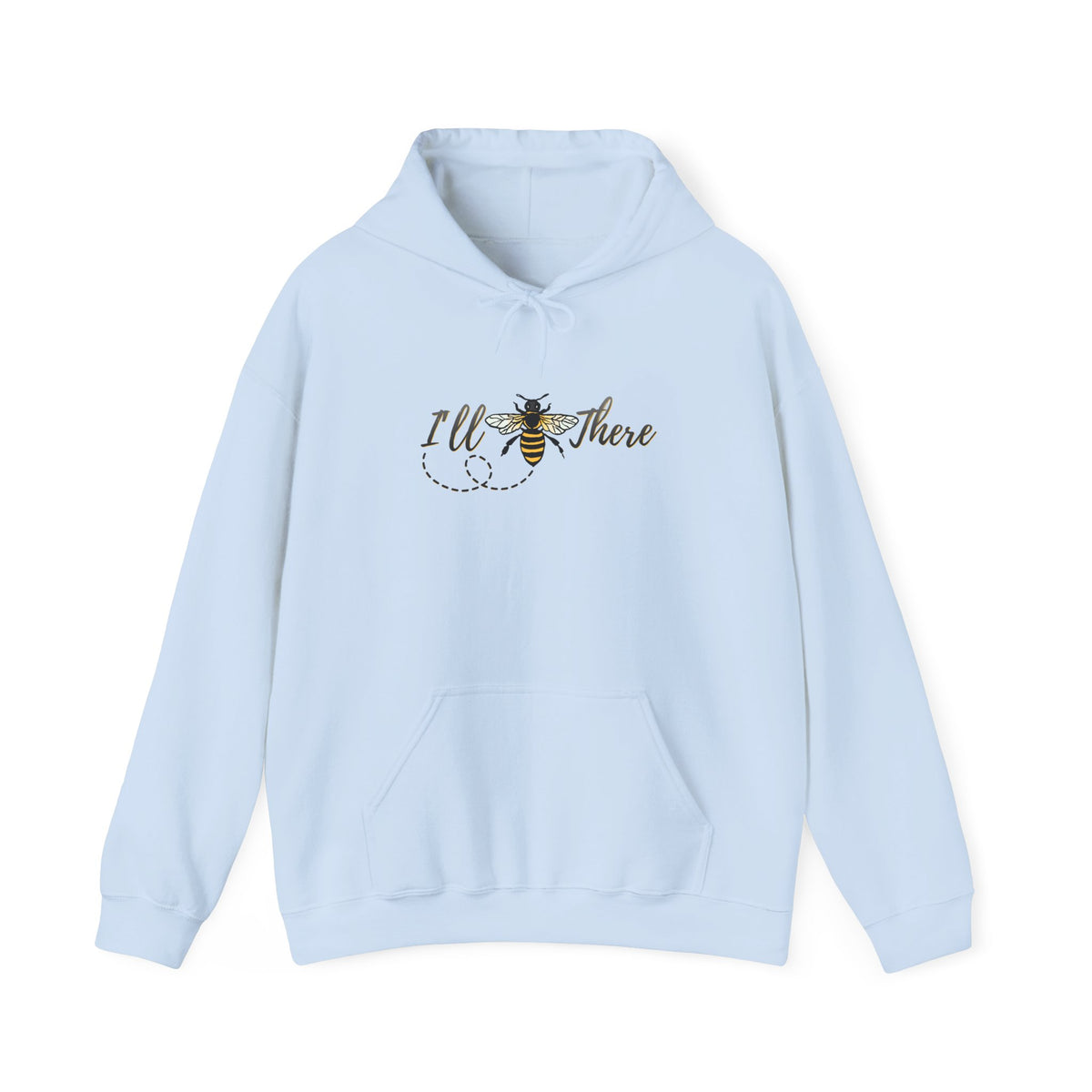 Light blue hoodie with a bee and text  design on a white background
