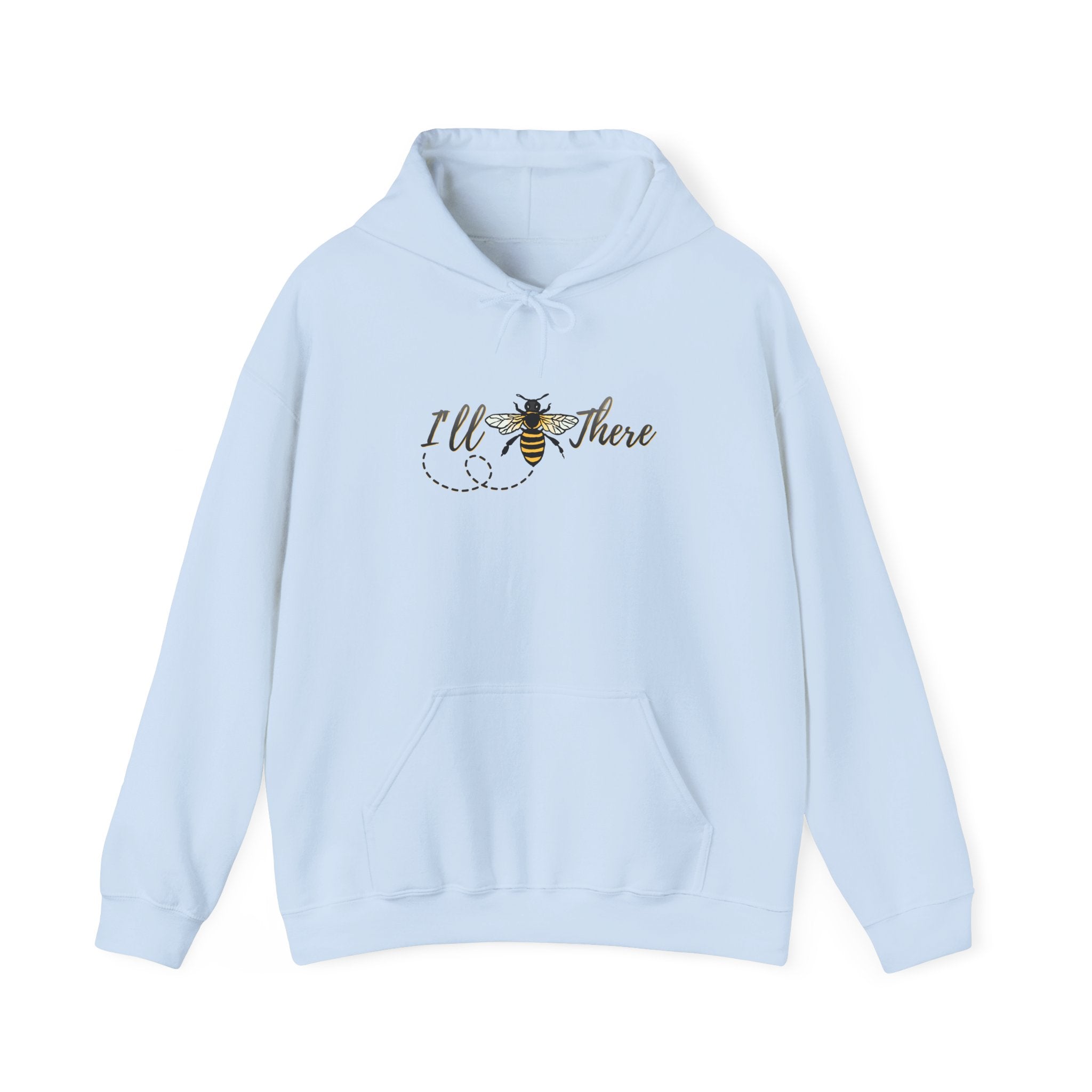 Light blue hoodie with a bee and text  design on a white background