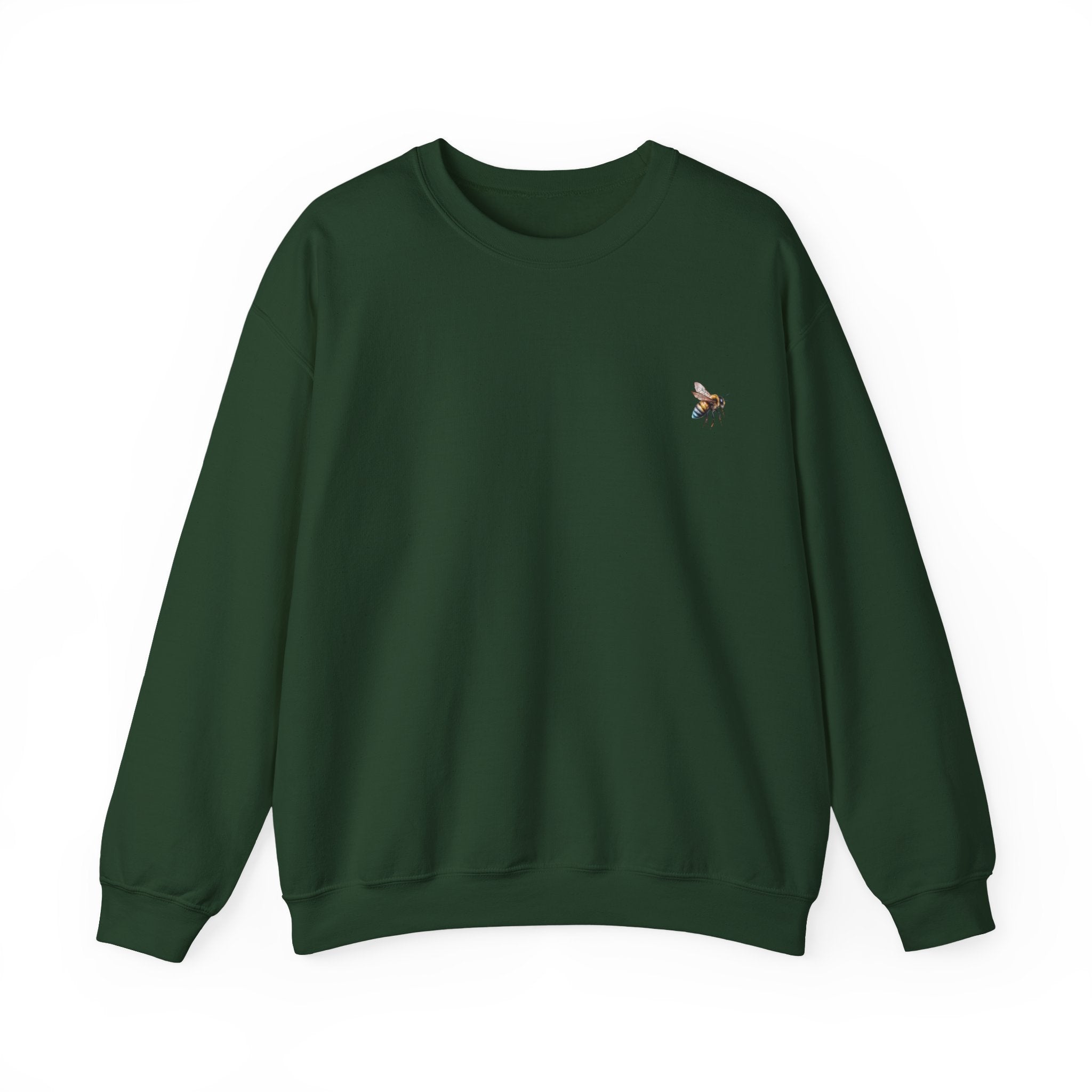 Green sweatshirt with a small bee logo on a white background