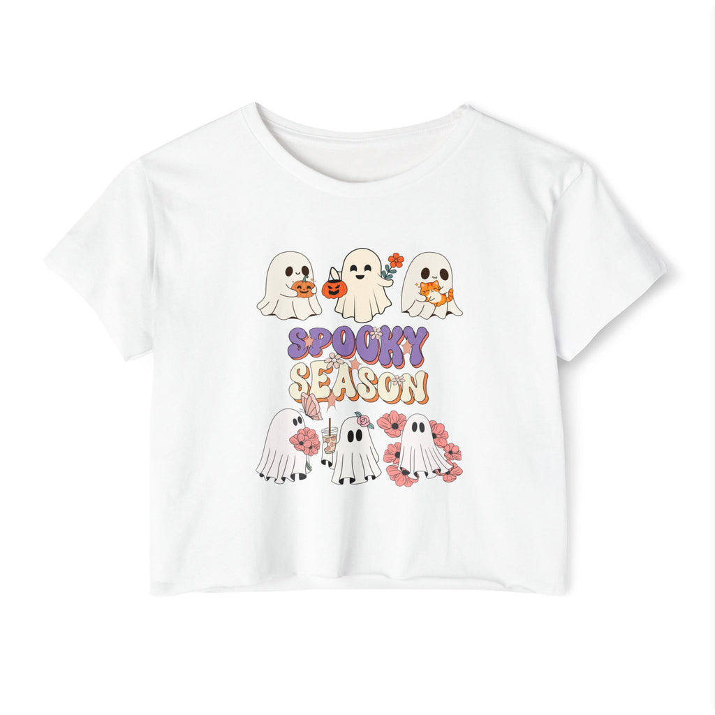 Ghosts Flowers Pumpkin Spooky Season Crop Top T-shirt