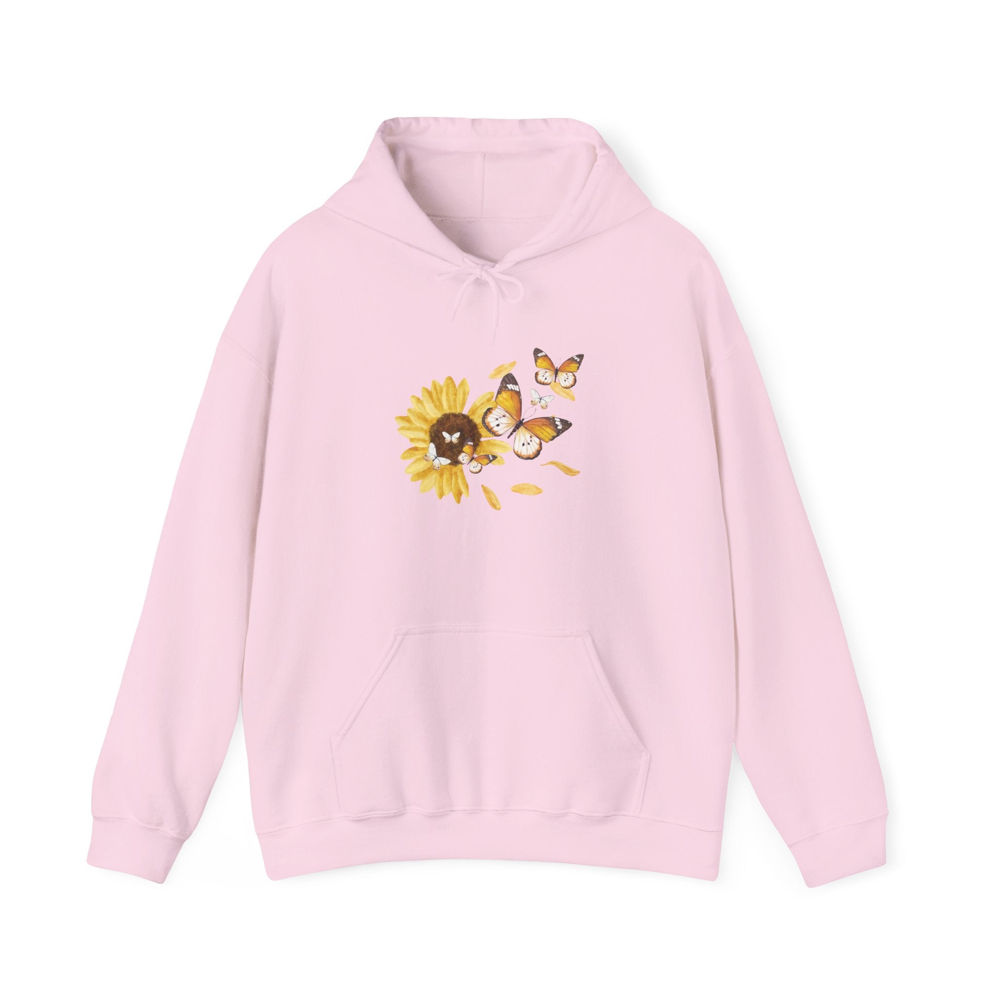 Pink hoodie with a sunflower and butterfly design on a white background