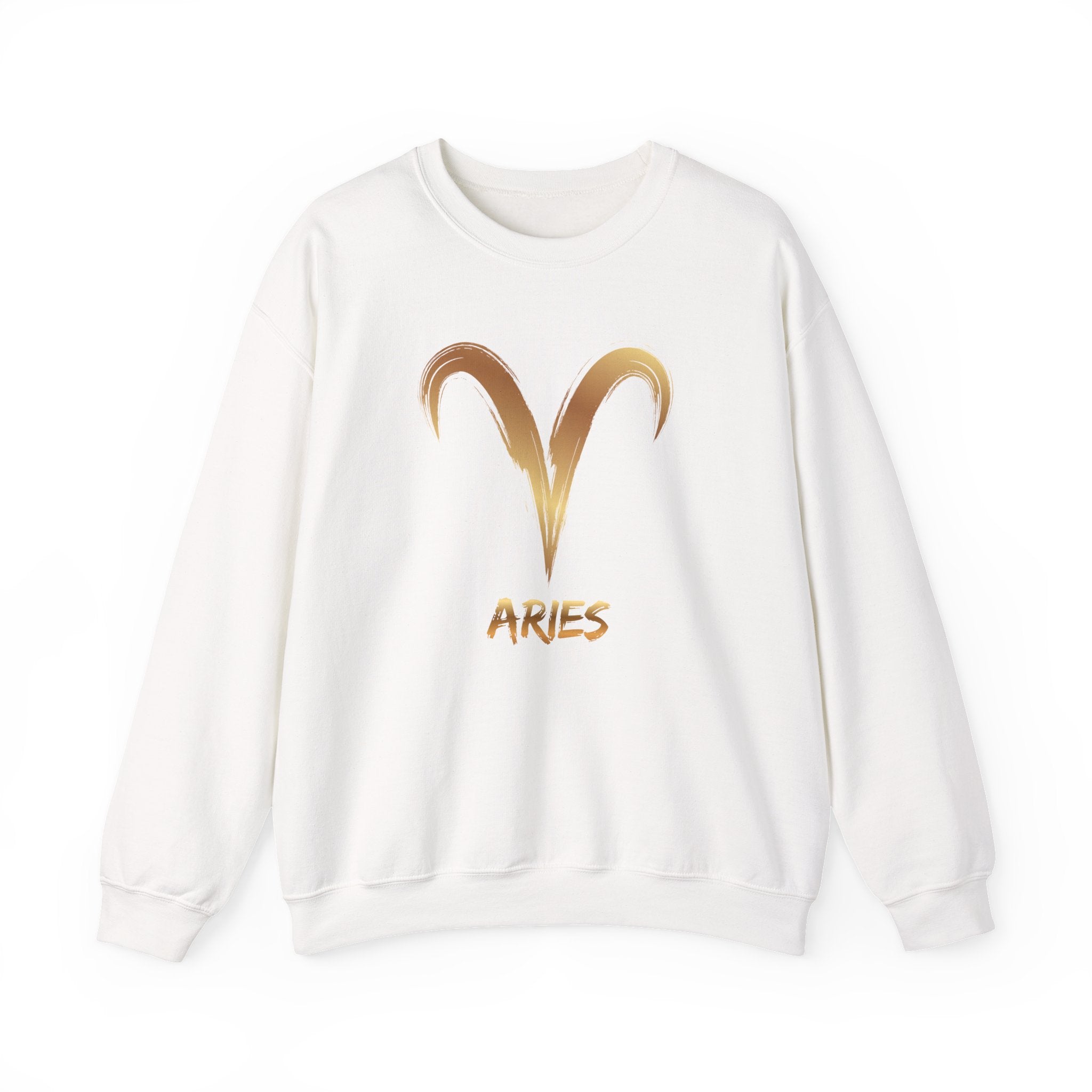White sweatshirt with gold Aries symbol and text on a white background