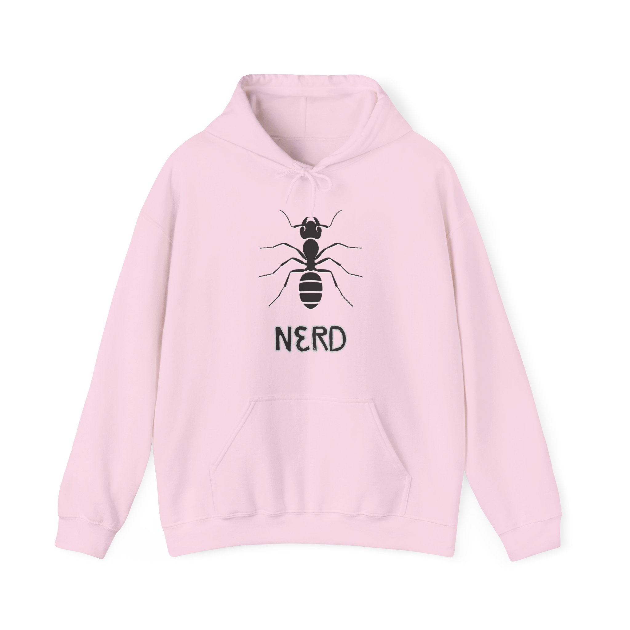 Pink hoodie with ant and 'NERD' text design on a white background