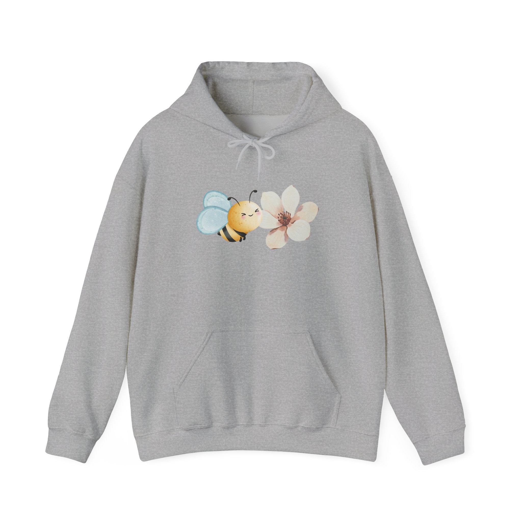 Gray hoodie with a bee and flower design on a white background