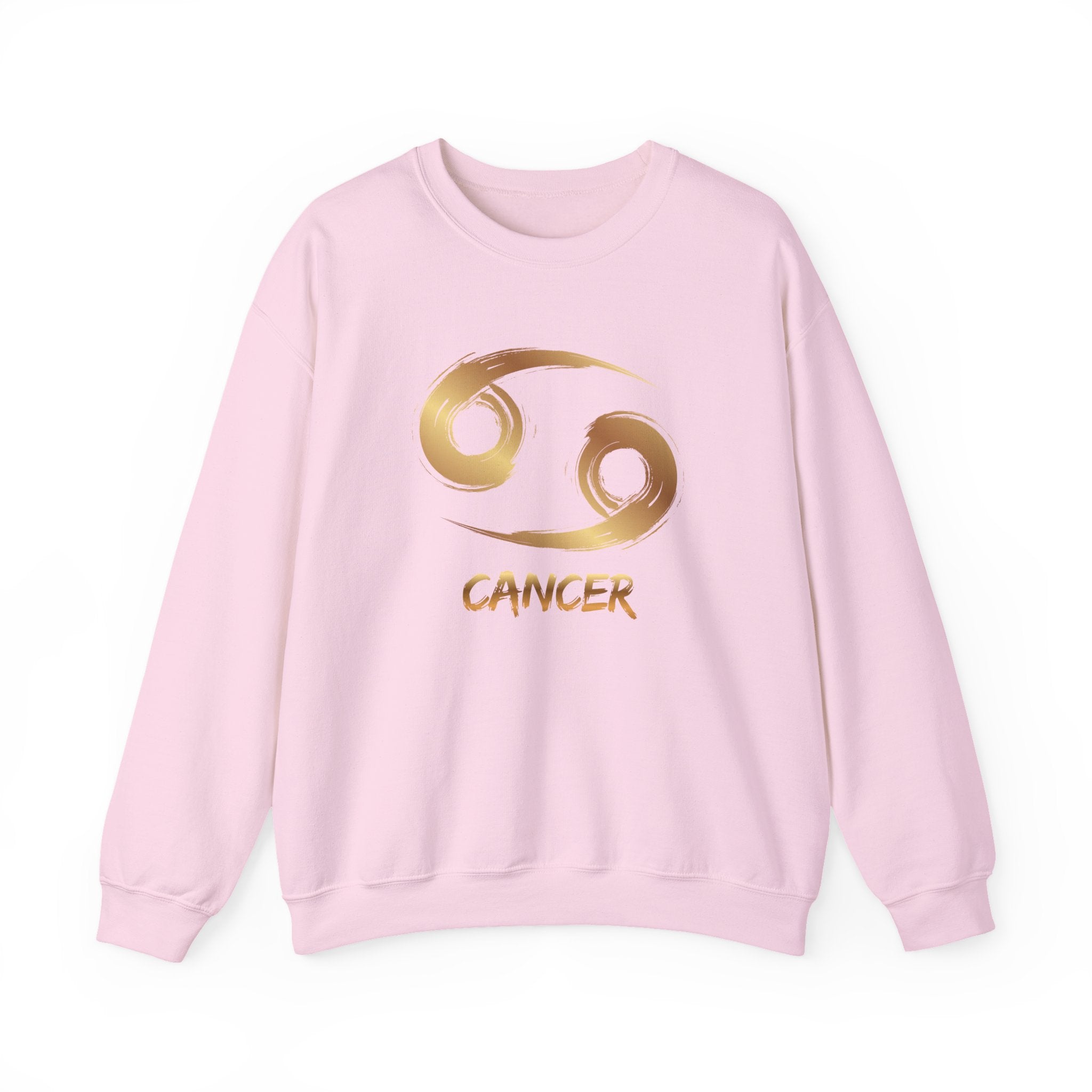 Pink sweatshirt with gold Cancer zodiac symbol on a white background