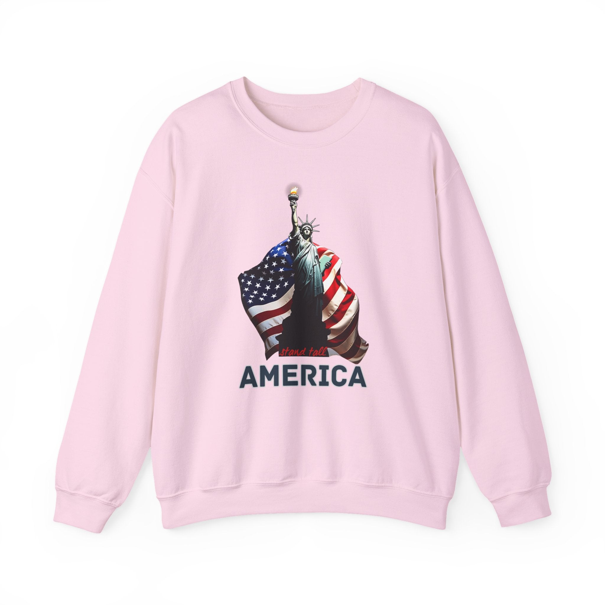 Pink sweatshirt with Statue of Liberty and American flag graphic on a white background