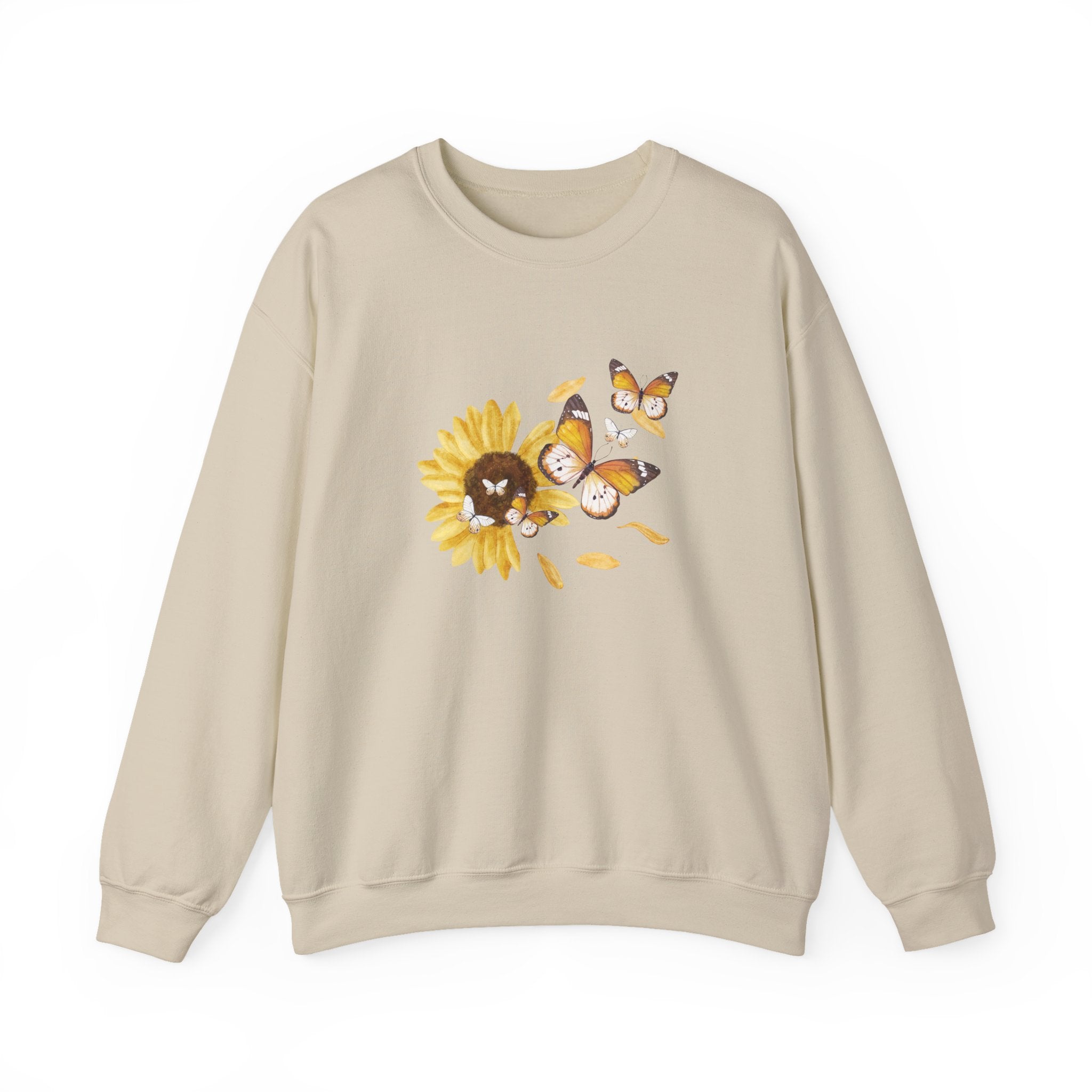 Beige sweatshirt with a sunflower and butterfly design on a white background