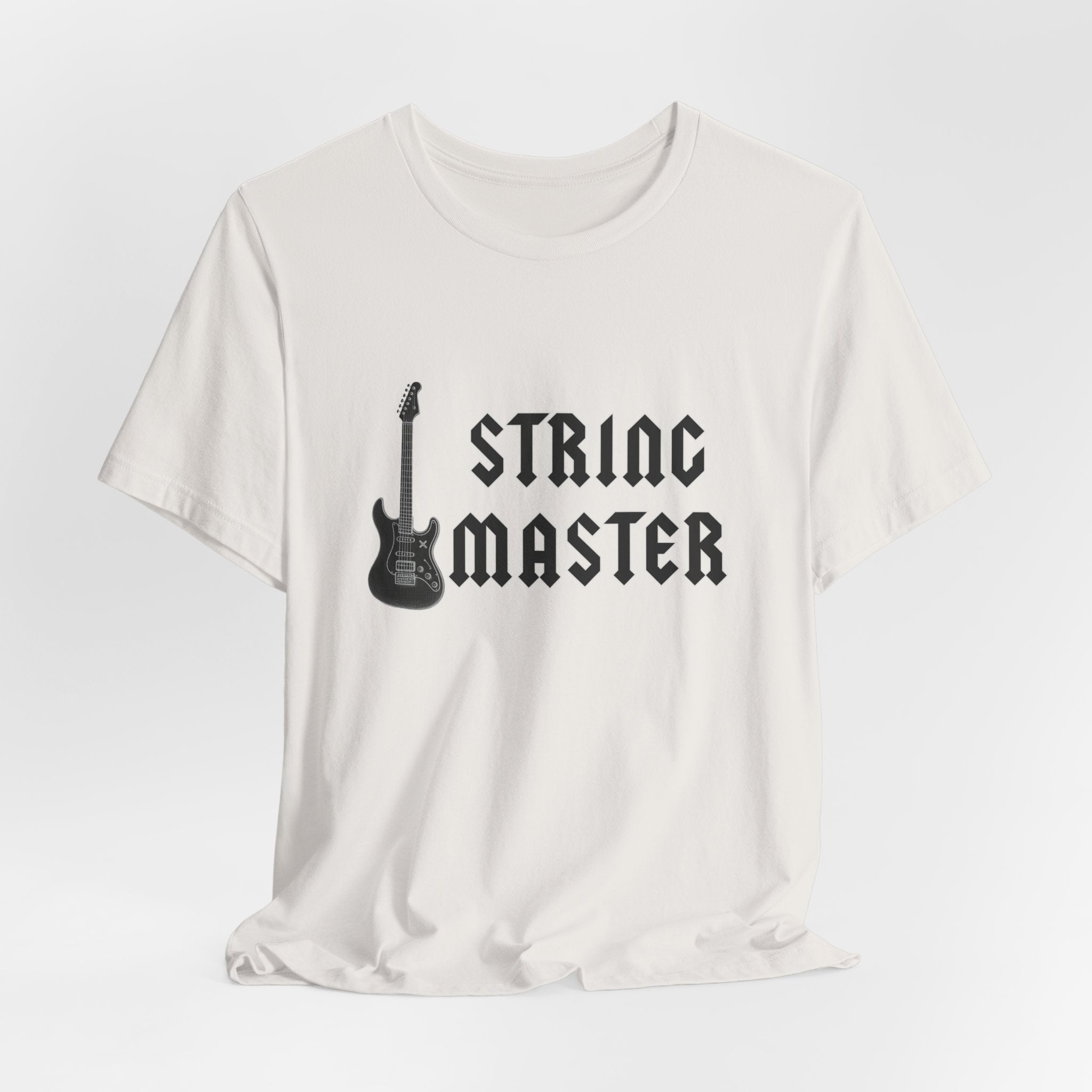 White t-shirt with 'String Master' and guitar graphic on a light gray background