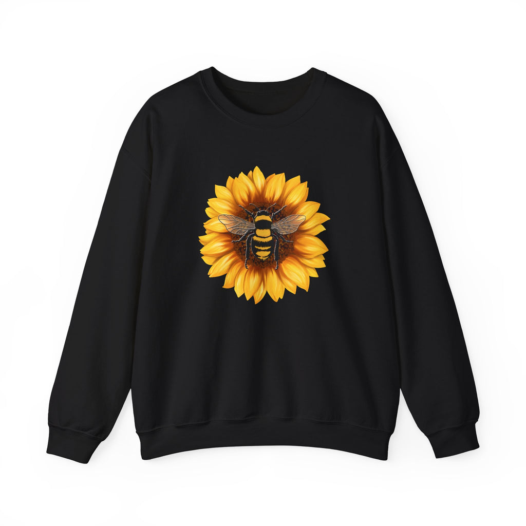 Black sweatshirt with a sunflower and bee design on a white background