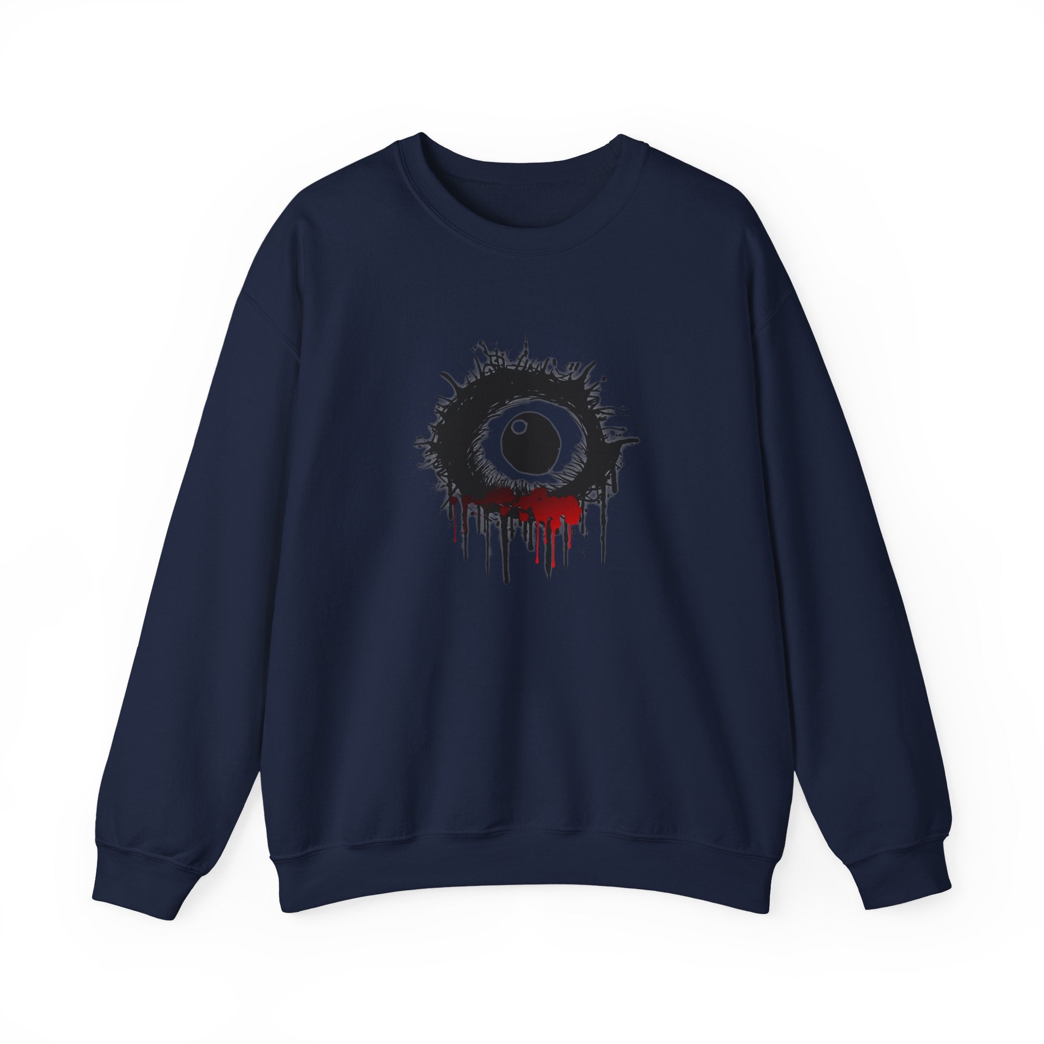 Navy blue sweatshirt with a graphic design on a white background
