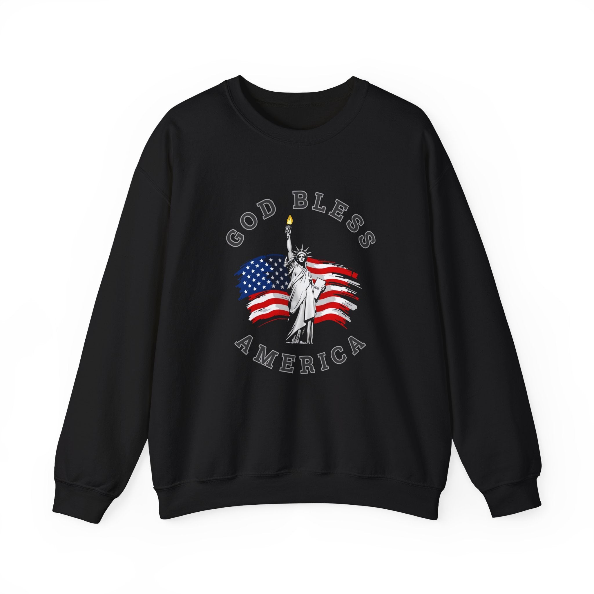 Black sweatshirt with 'God Bless America' design featuring the Statue of Liberty and American flag on a white background.