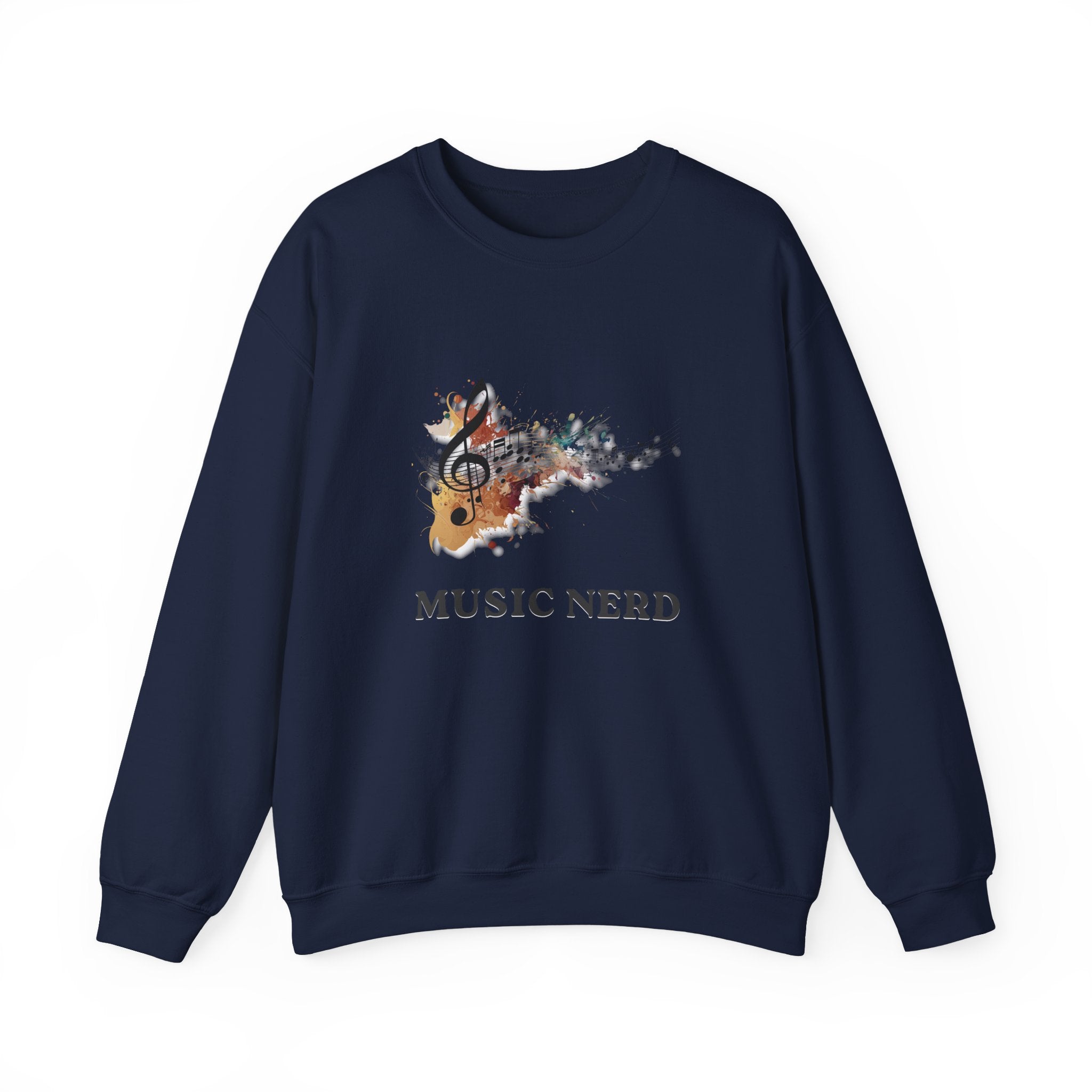 Navy blue sweatshirt with 'Music Nerd' design featuring guitars and a treble clef on a white background.