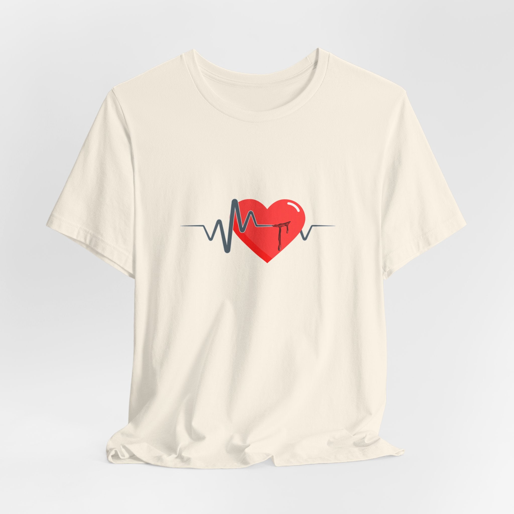 White t-shirt with a red heart and blue line design on a light gray background
