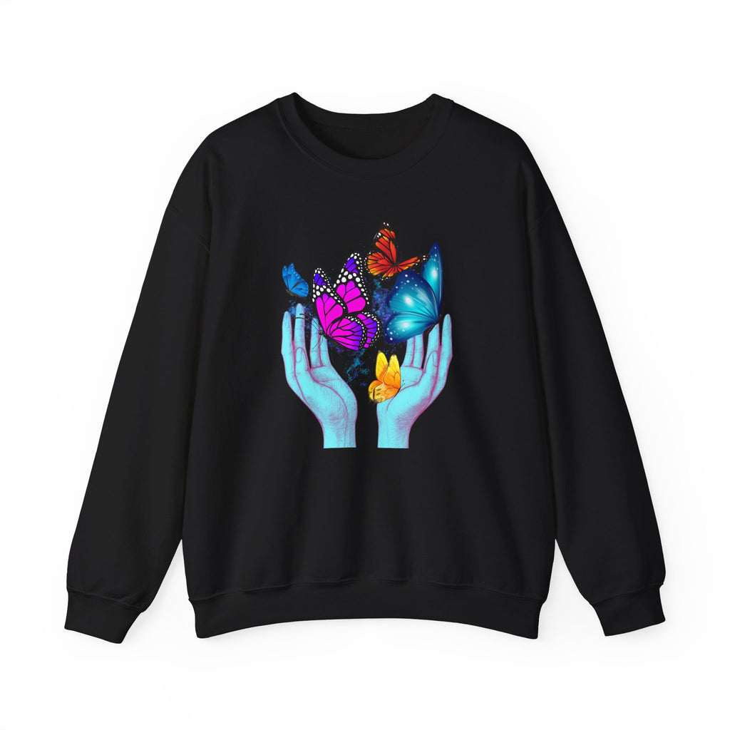 Black sweatshirt with colorful butterfly design on a white background