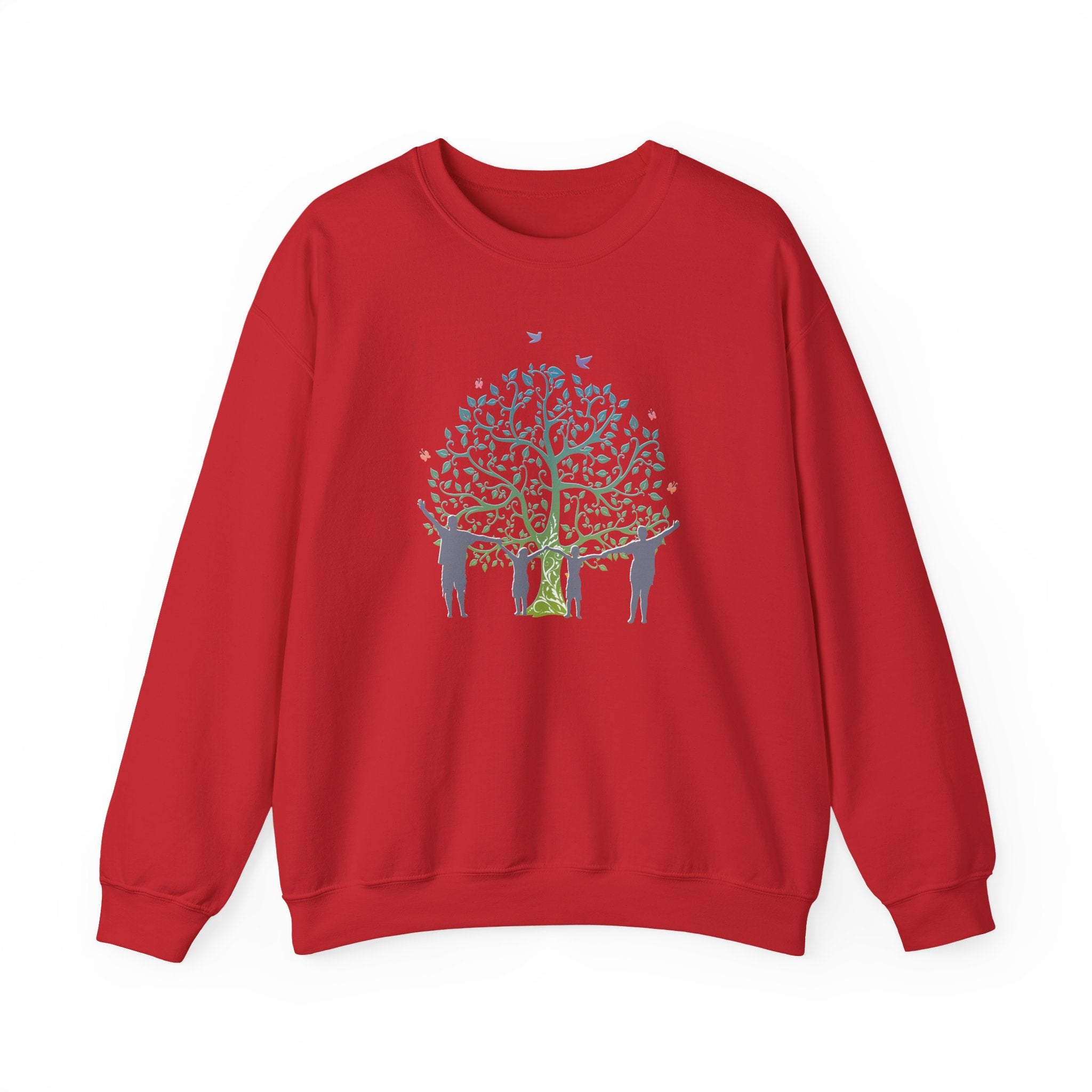 Red sweatshirt with a tree and people design on a white background