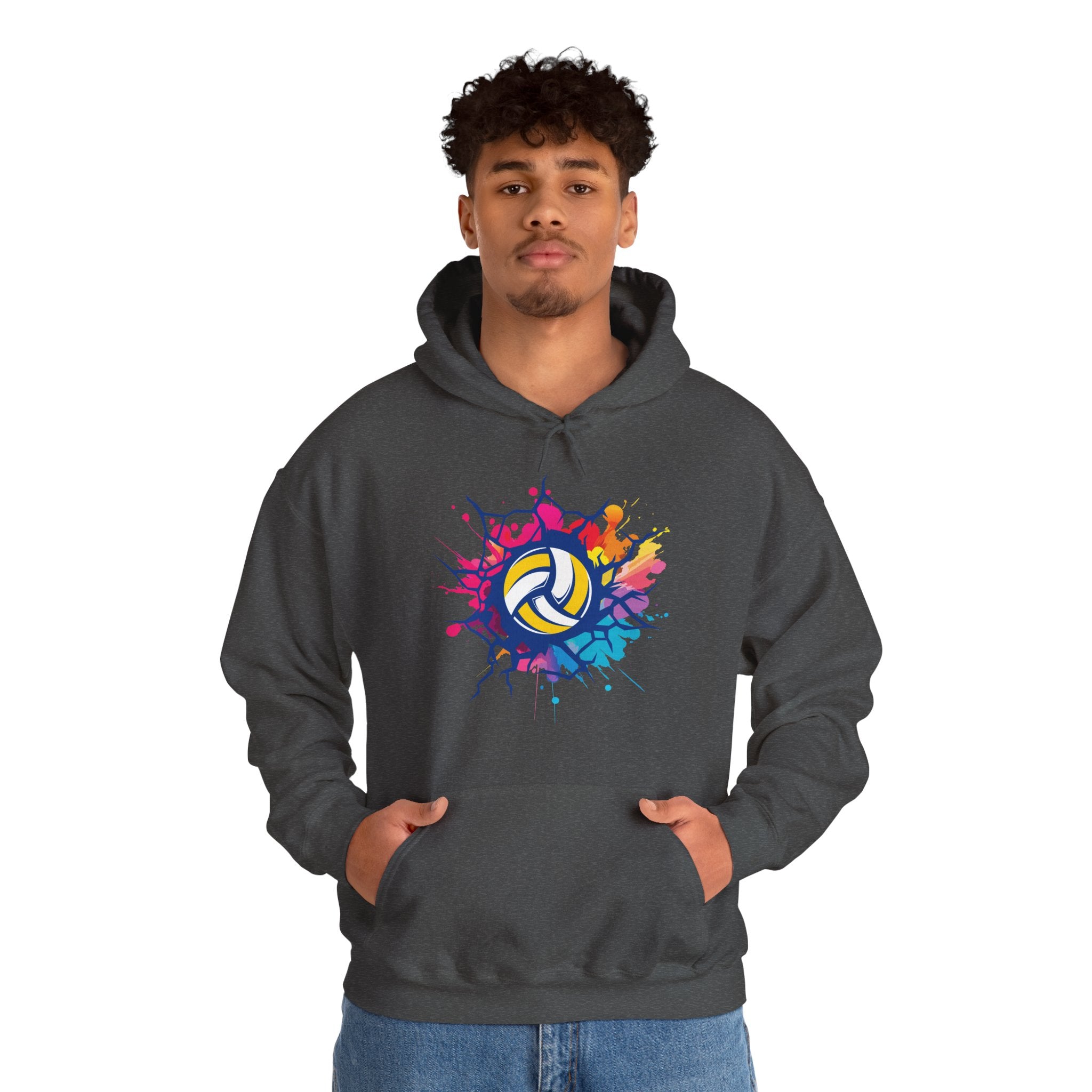 Person wearing a dark gray hoodie with a colorful volleyball design on a white background