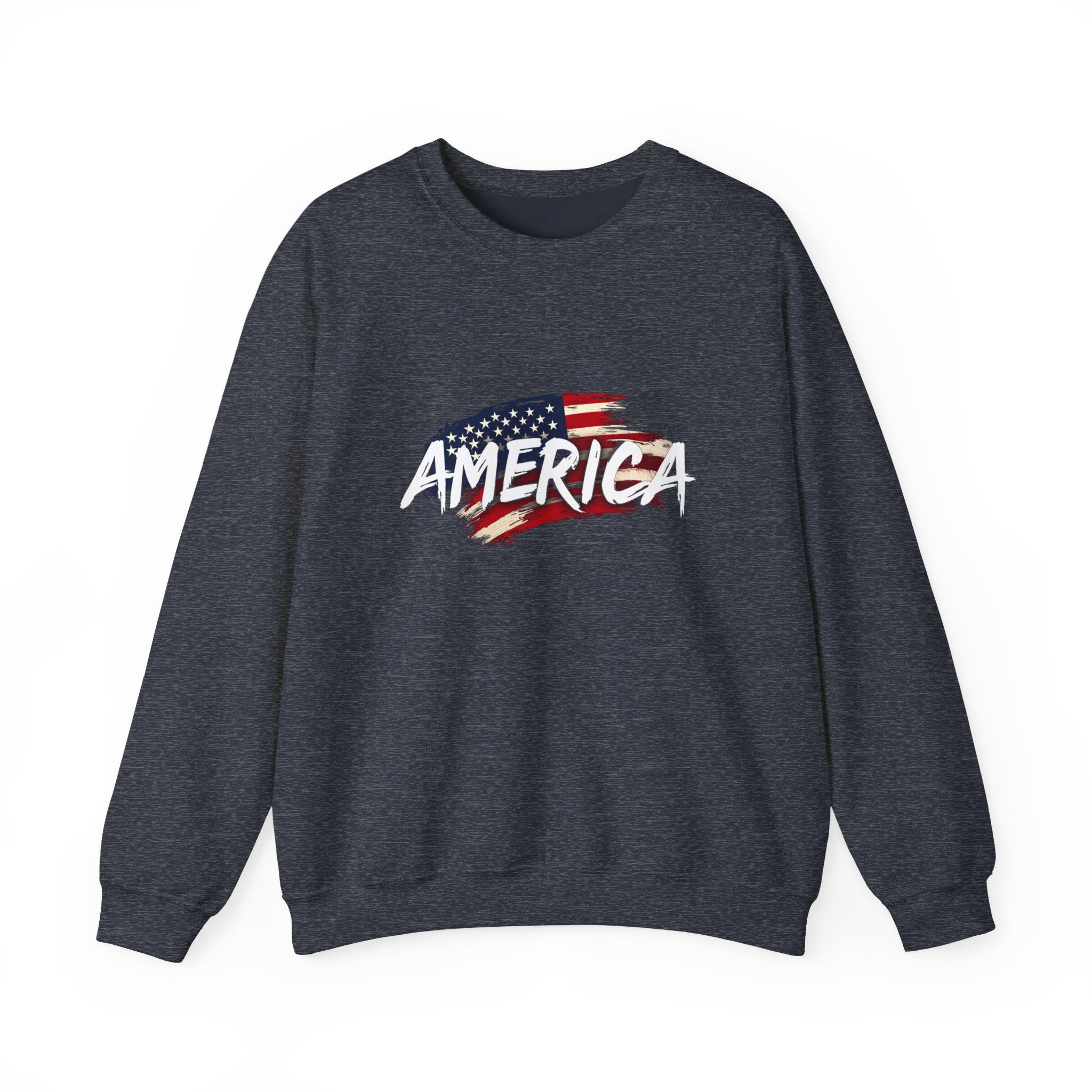 Gray sweatshirt with 'America' and an American flag design on a white background