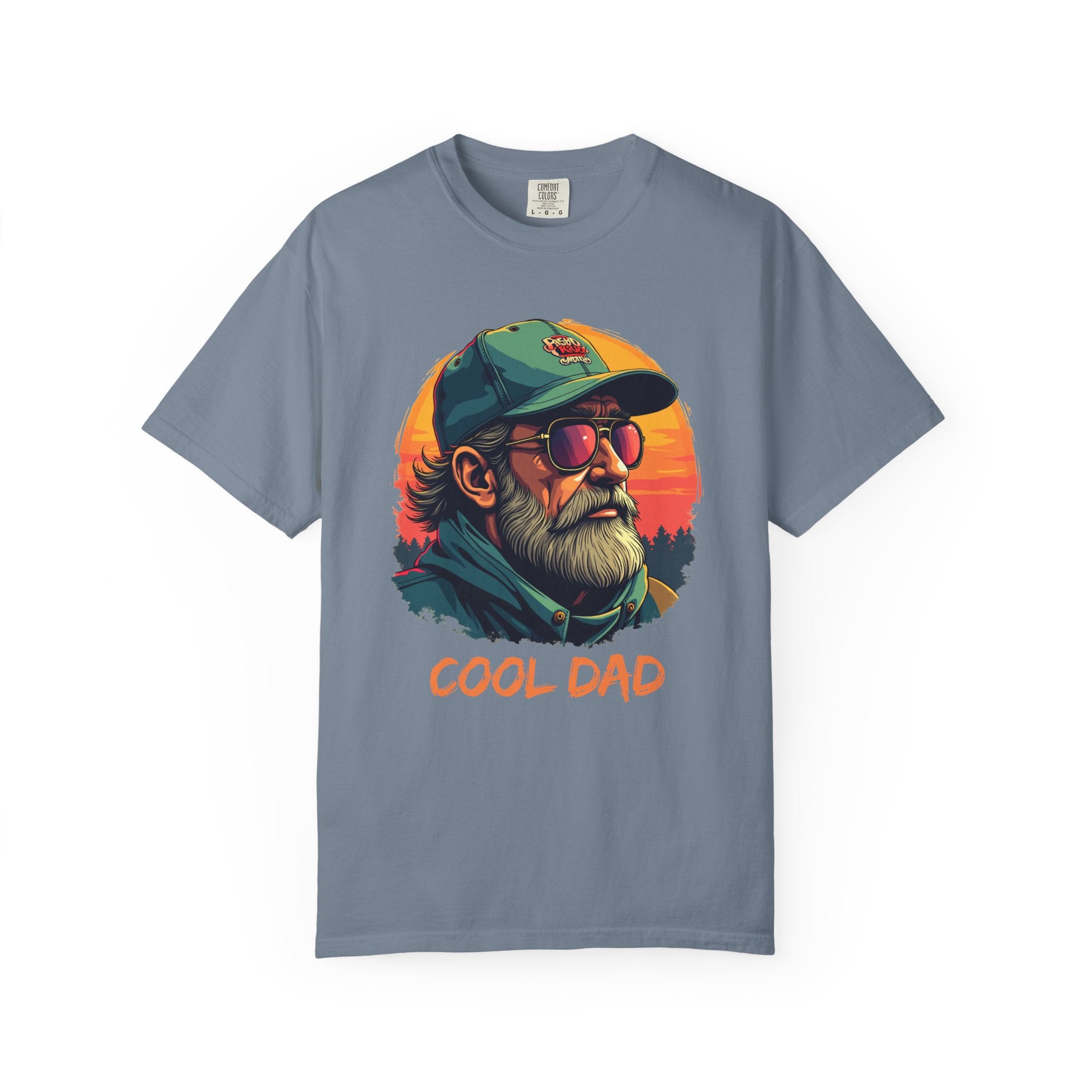 Sky blue t-shirt with 'Cool Dad' graphic design featuring a man with sunglasses and a cap on a white background