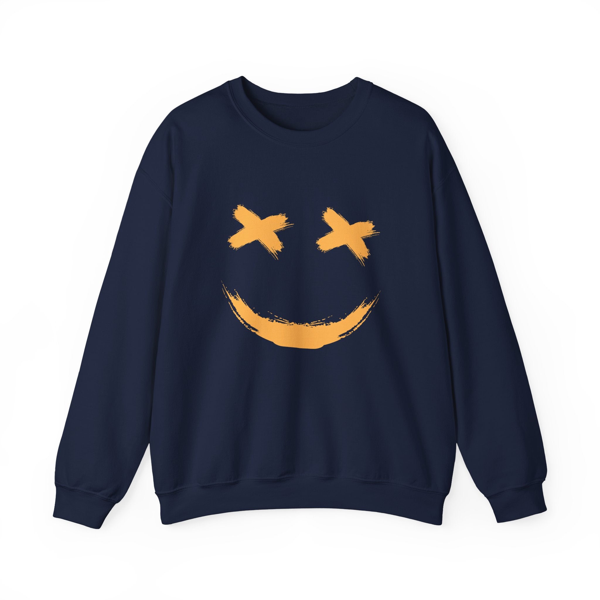 Navy blue sweatshirt with a yellow smiley face design on a white background