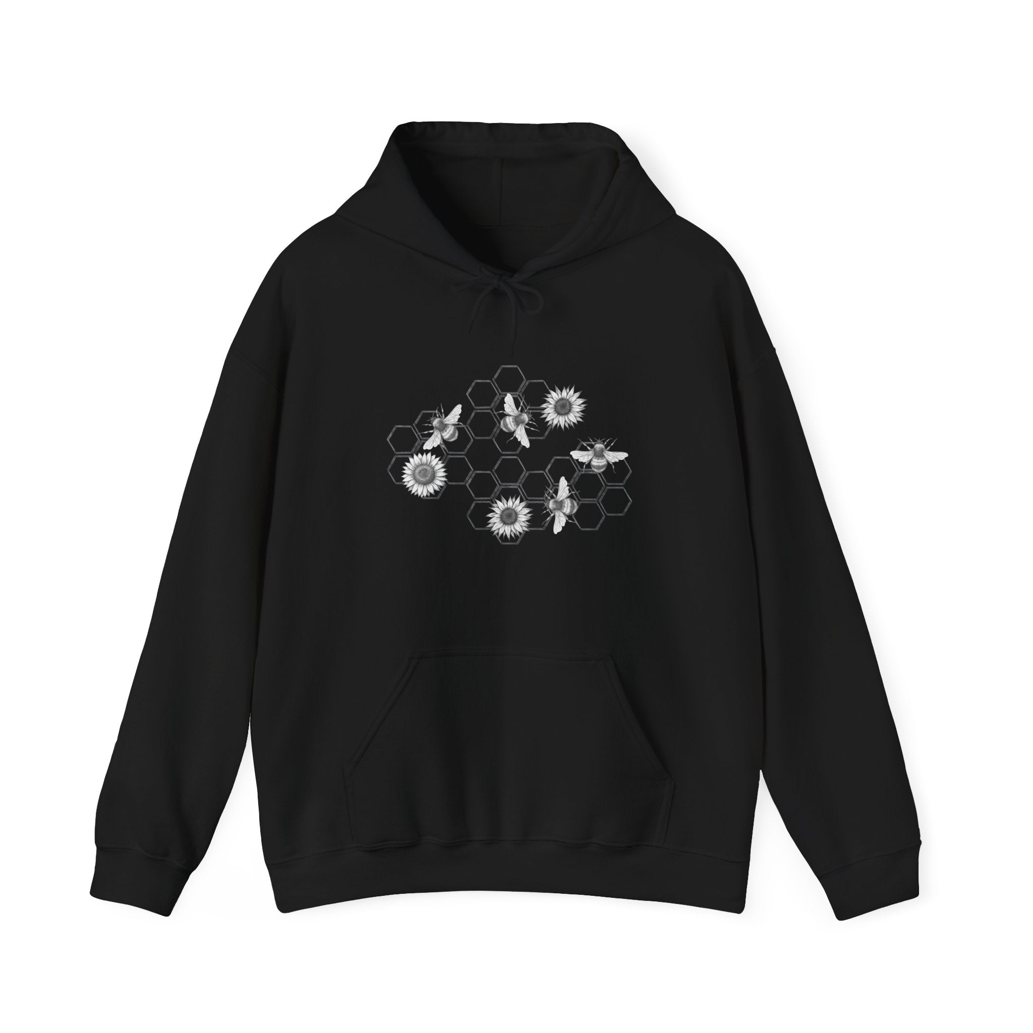 Black hoodie with floral and bee design on a white background