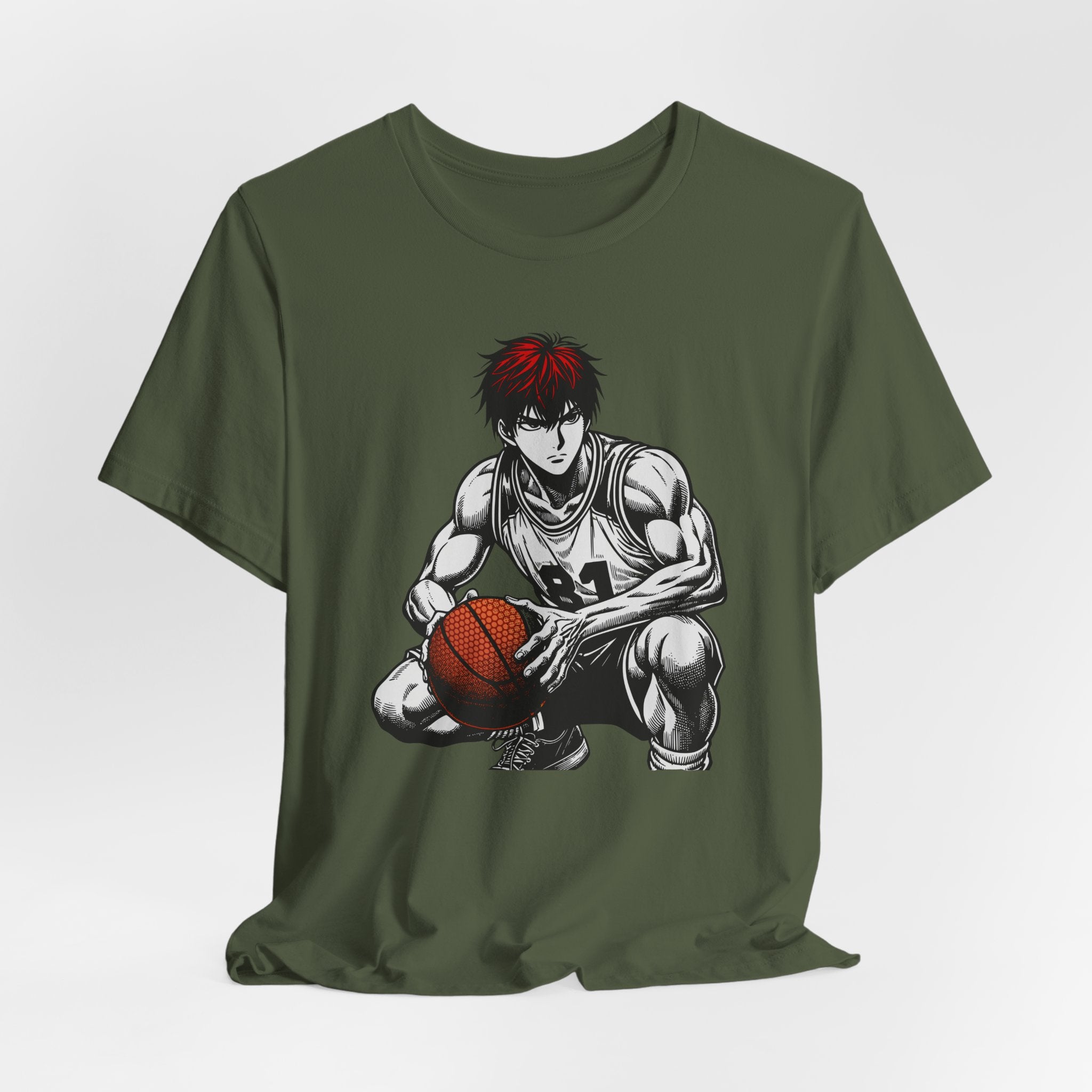 Green t-shirt with a graphic of a basketball player on a white background