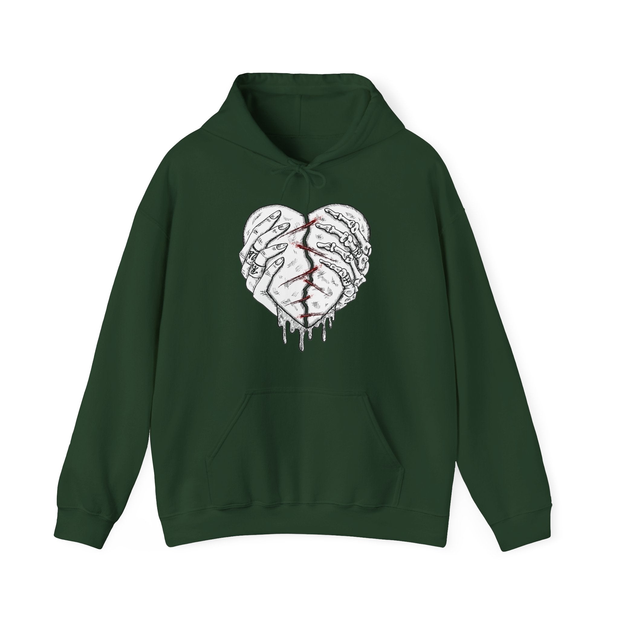 Green hoodie with a heart design on a white background