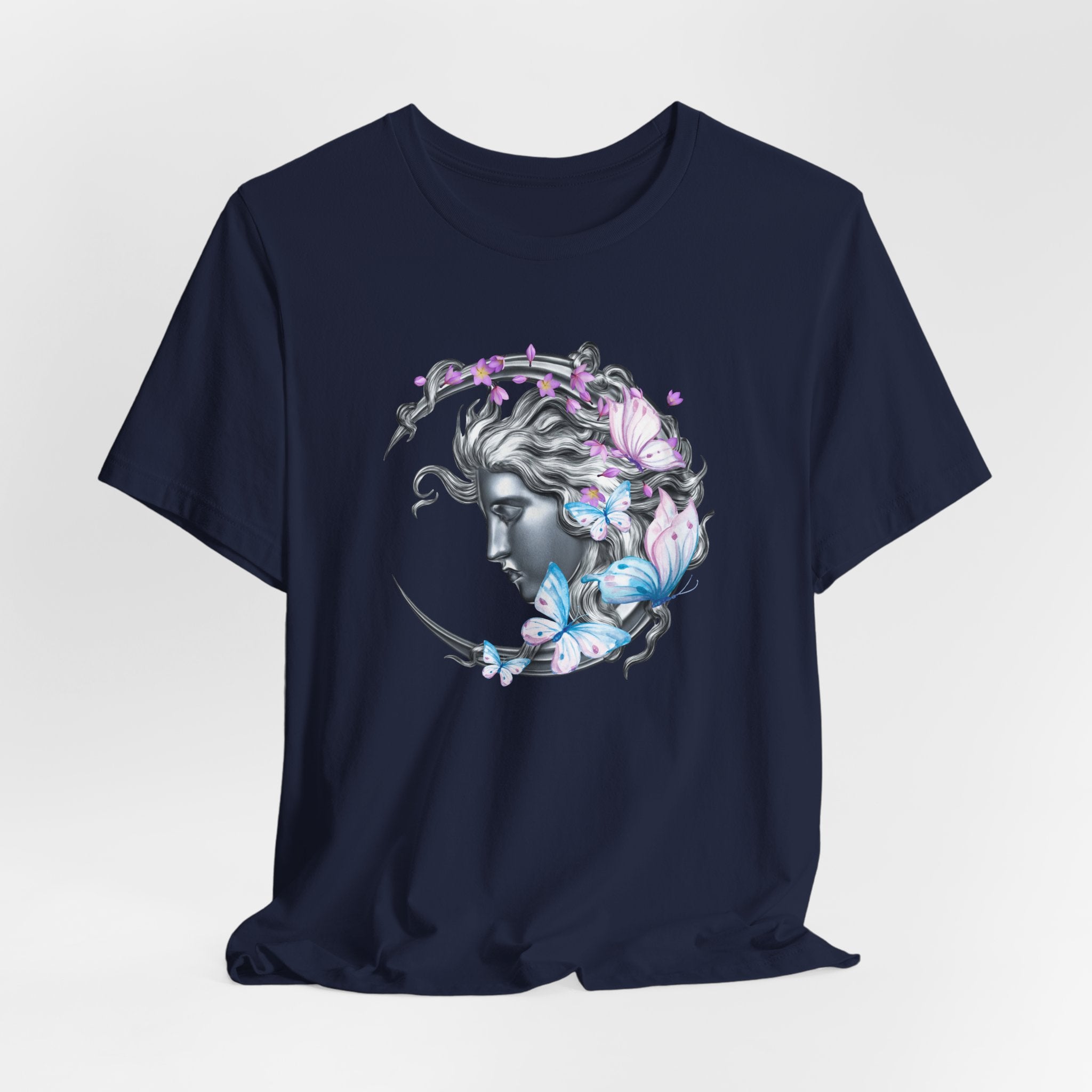 Navy blue t-shirt with a decorative design of a woman's head with flowers and butterflies on a white background