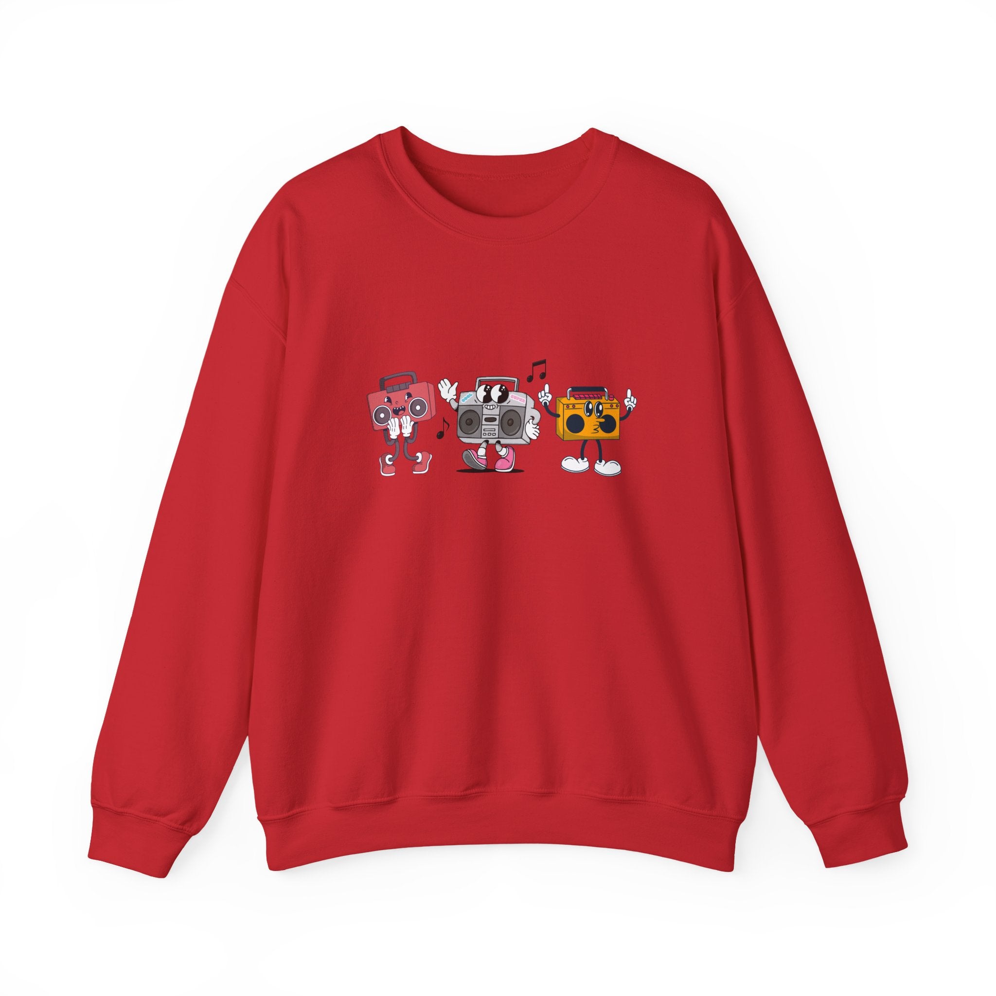 Red sweatshirt with cartoon radio design on a white background