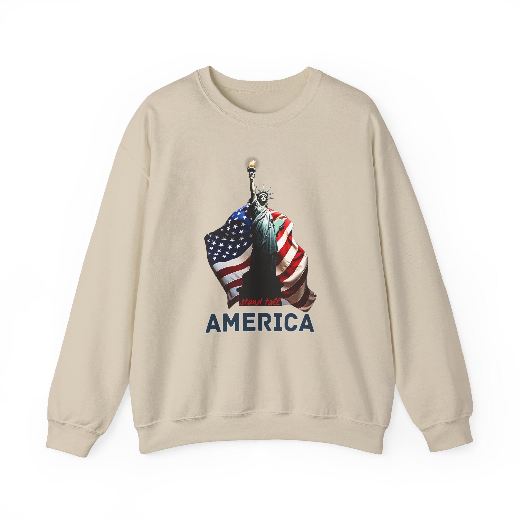 Beige sweatshirt with Statue of Liberty and American flag graphic on a white background
