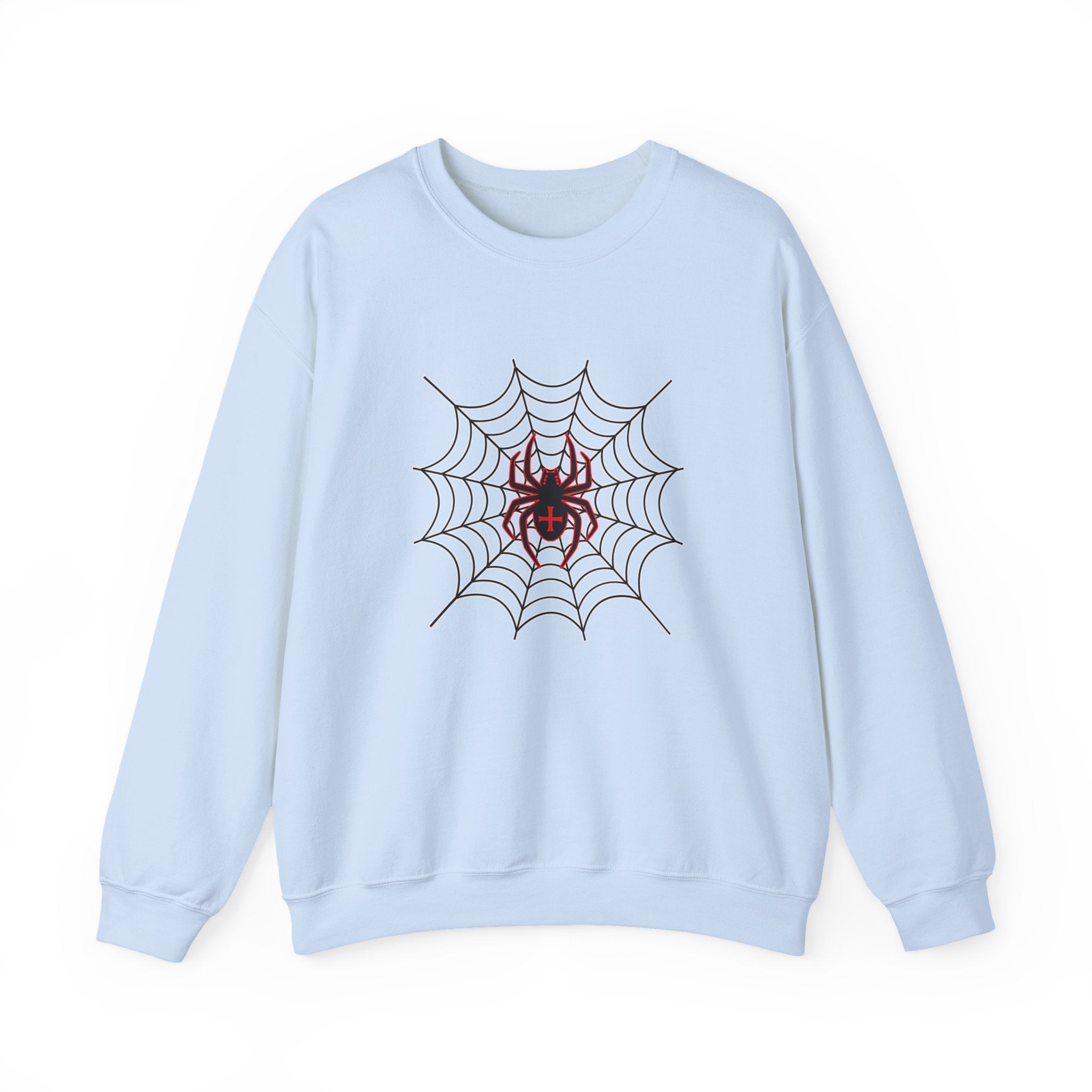 Light blue sweatshirt with a spider and web design on a white background