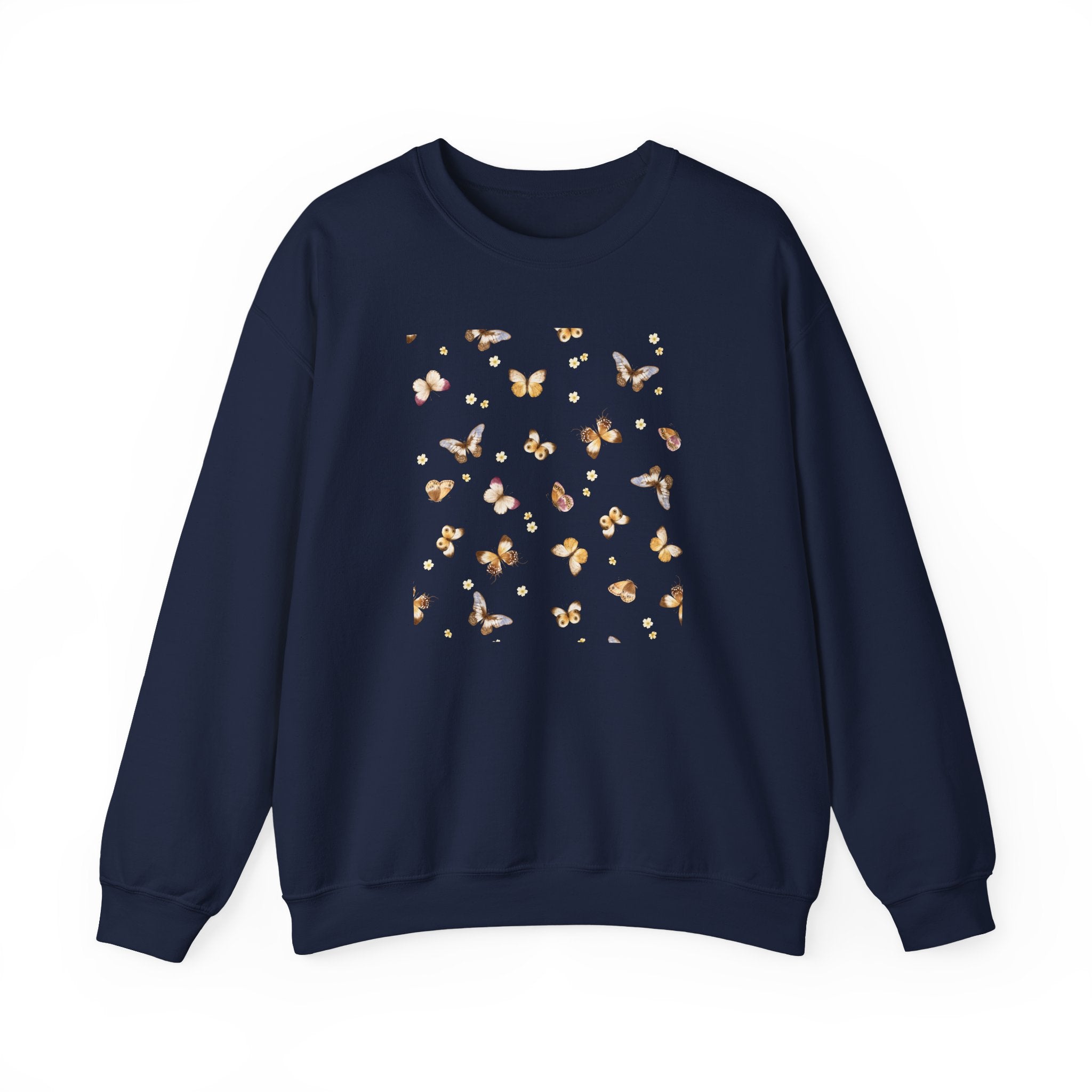Navy blue sweatshirt with butterfly pattern on a white background