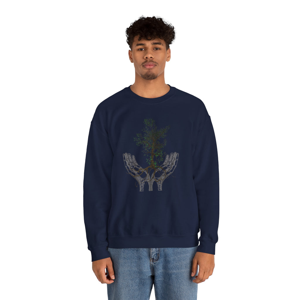 Person wearing a navy blue sweatshirt with a graphic design on a white background