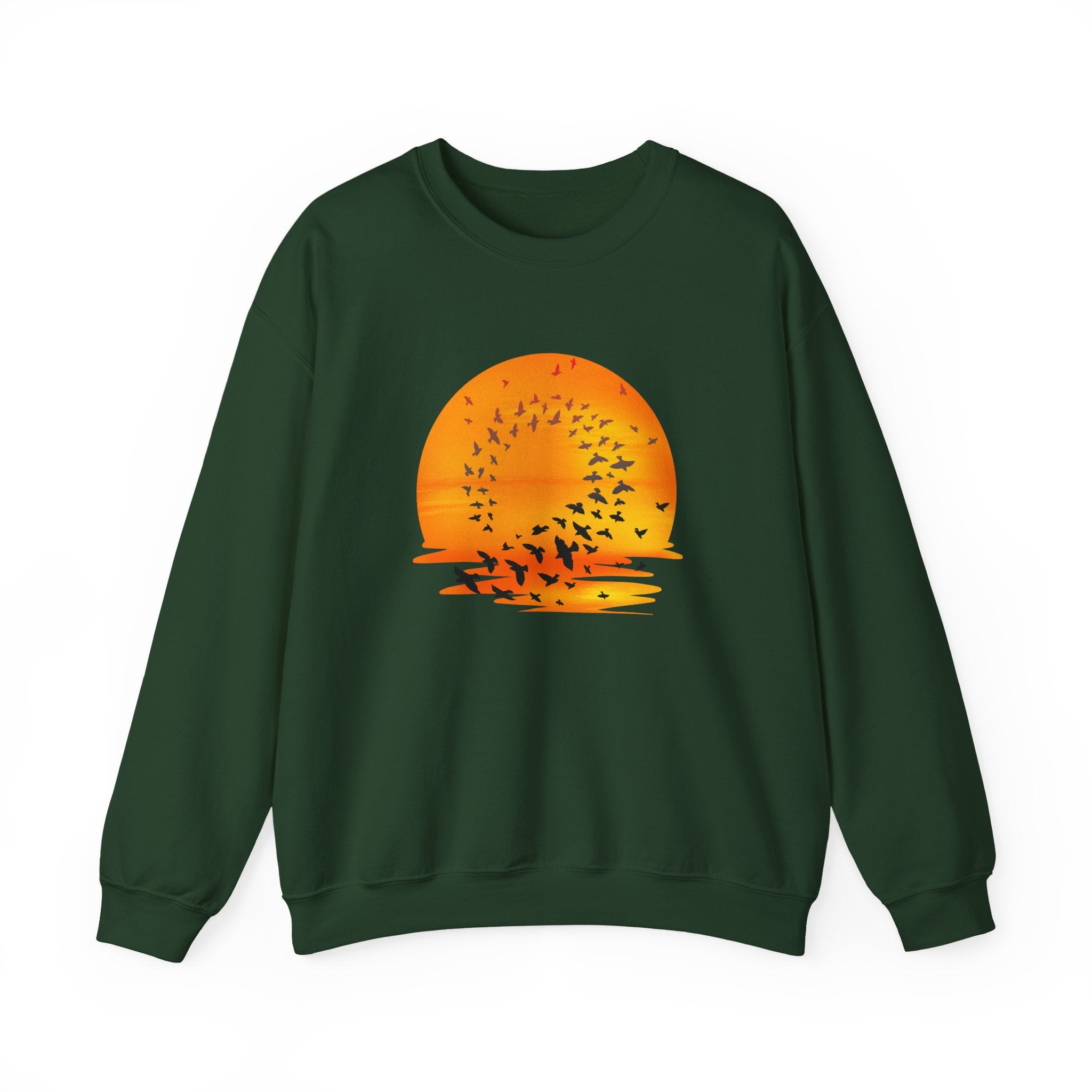 Green sweatshirt with a sunset and bird design on a white background