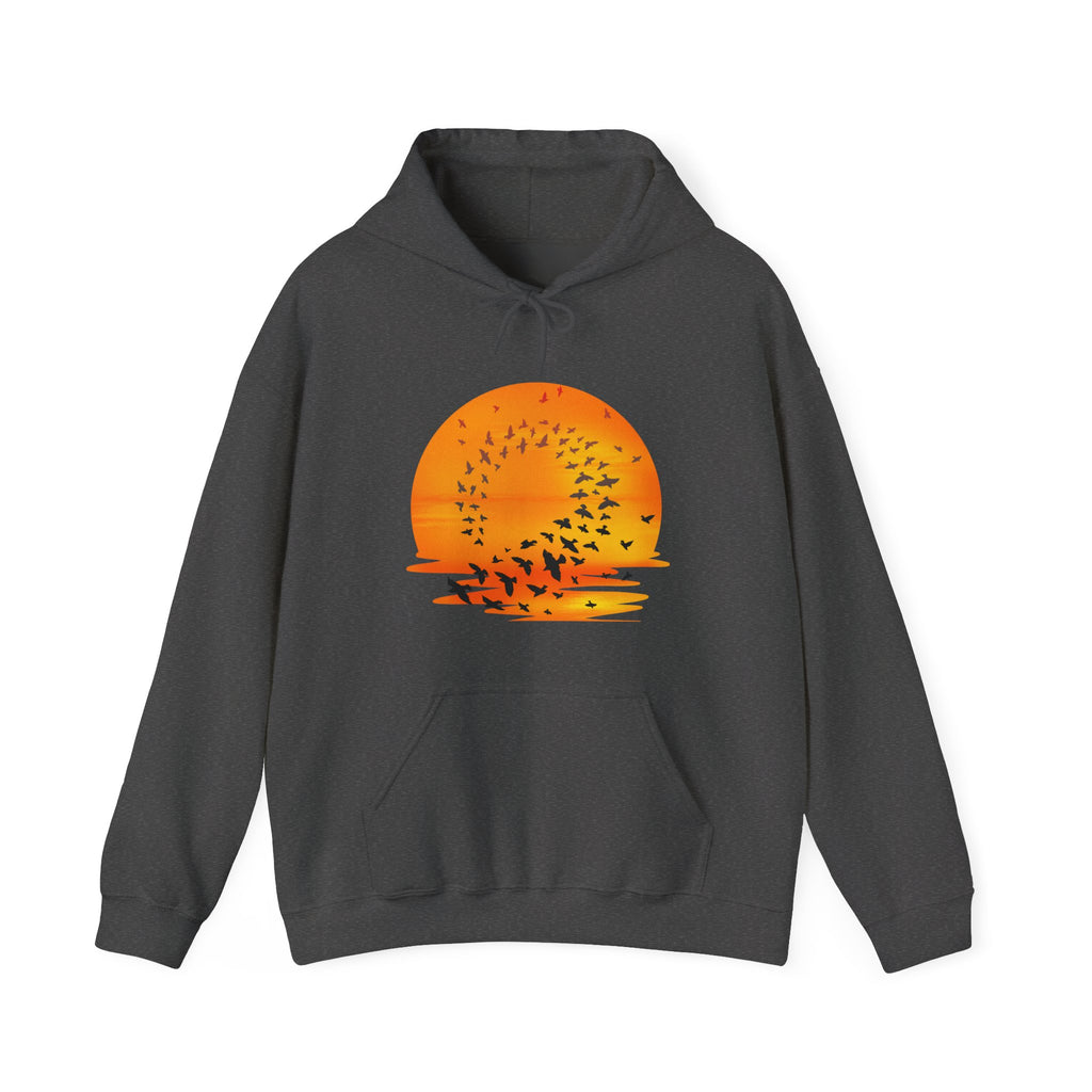 Gray hoodie with a sunset and bird design on a white background