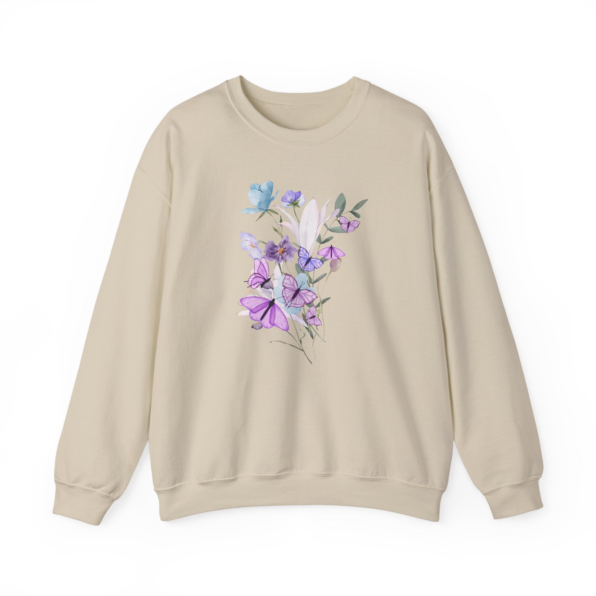 Beige sweatshirt with floral design on a white background