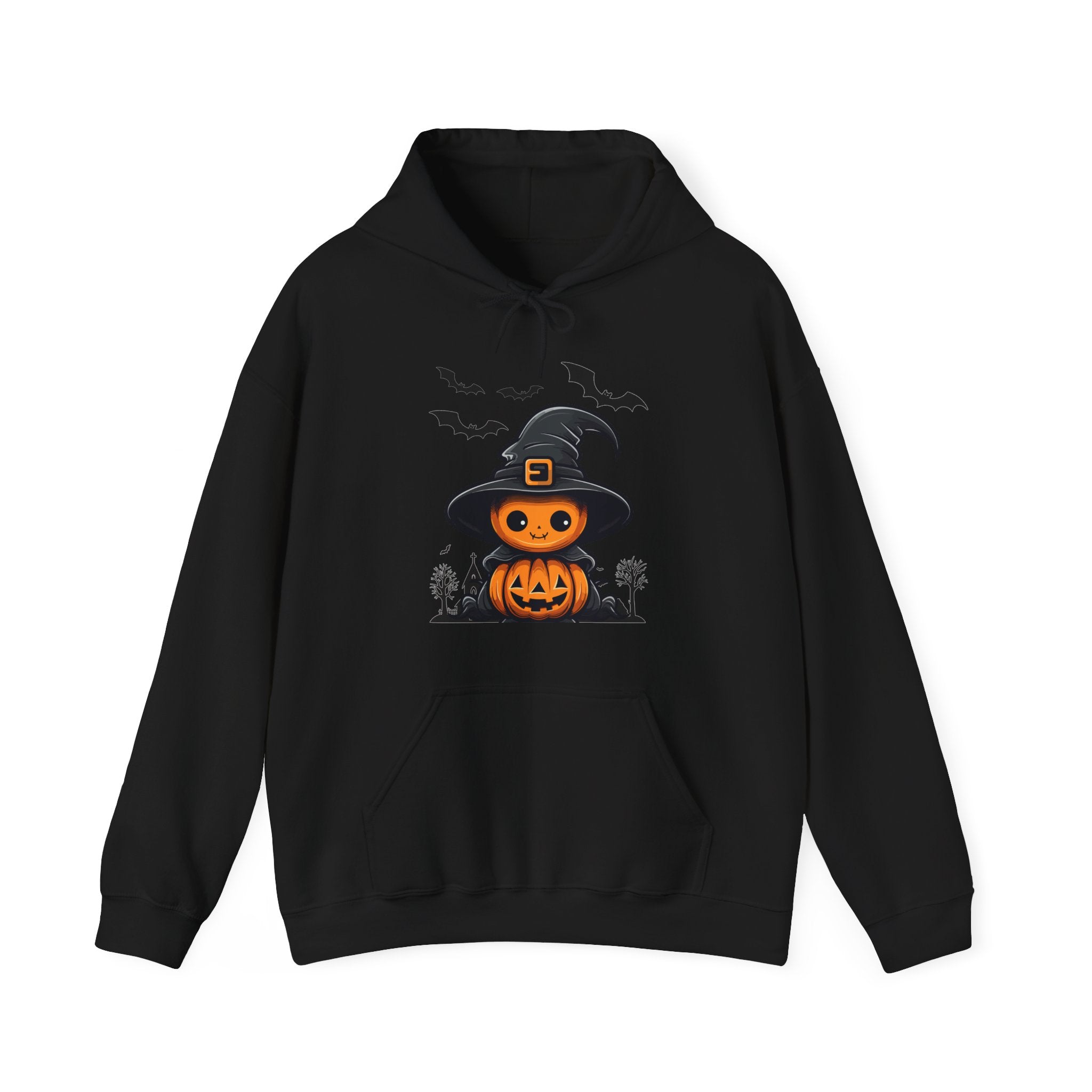 Black hoodie with Halloween-themed design featuring a pumpkin in a witch hat on a white background