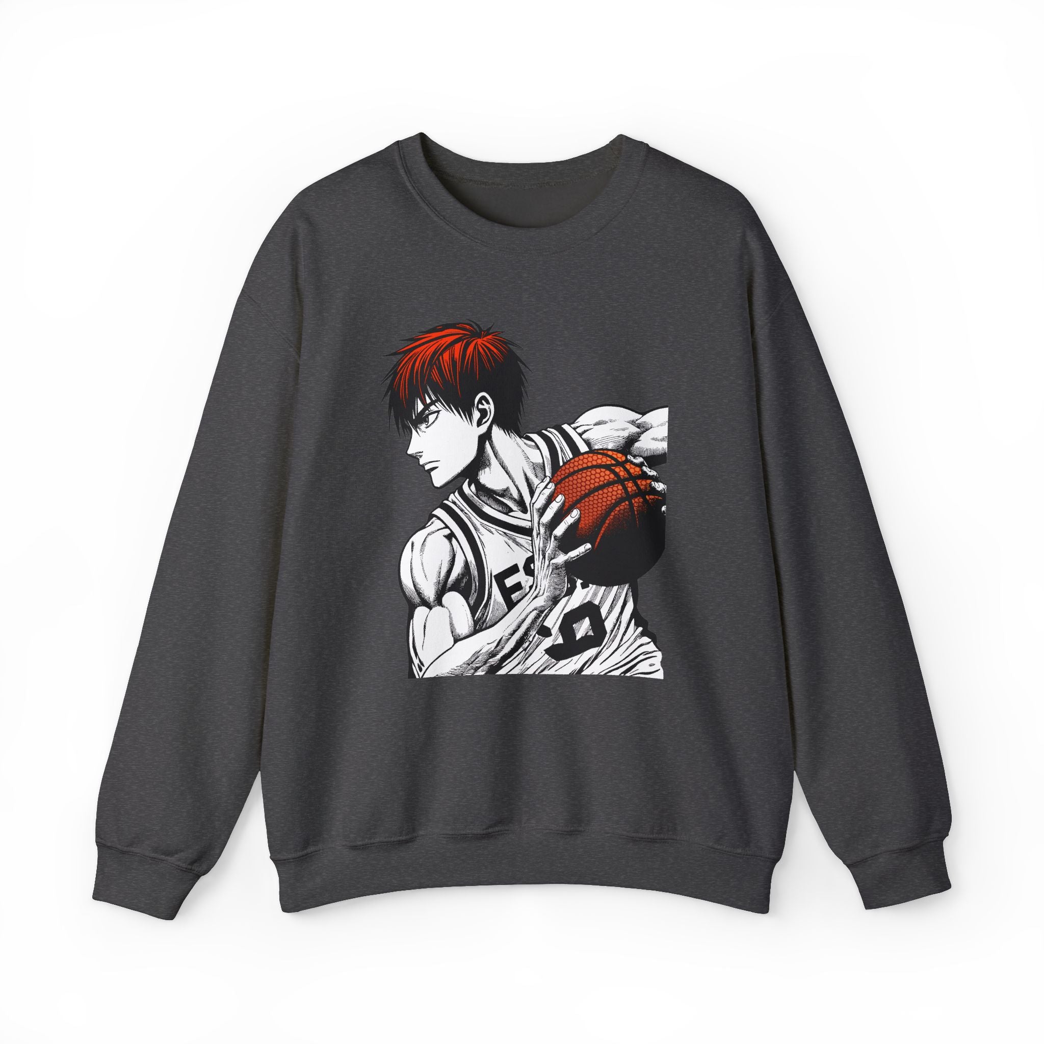 Gray sweatshirt with an anime-style graphic of a character holding a basketball on a white background