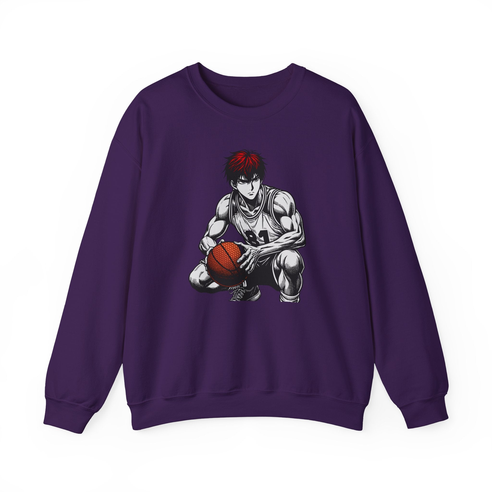 Purple sweatshirt with an anime-style graphic of a character holding a basketball on a white background