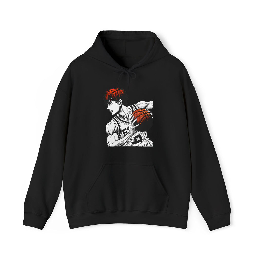 Black hoodie with a graphic design of a character on a white background