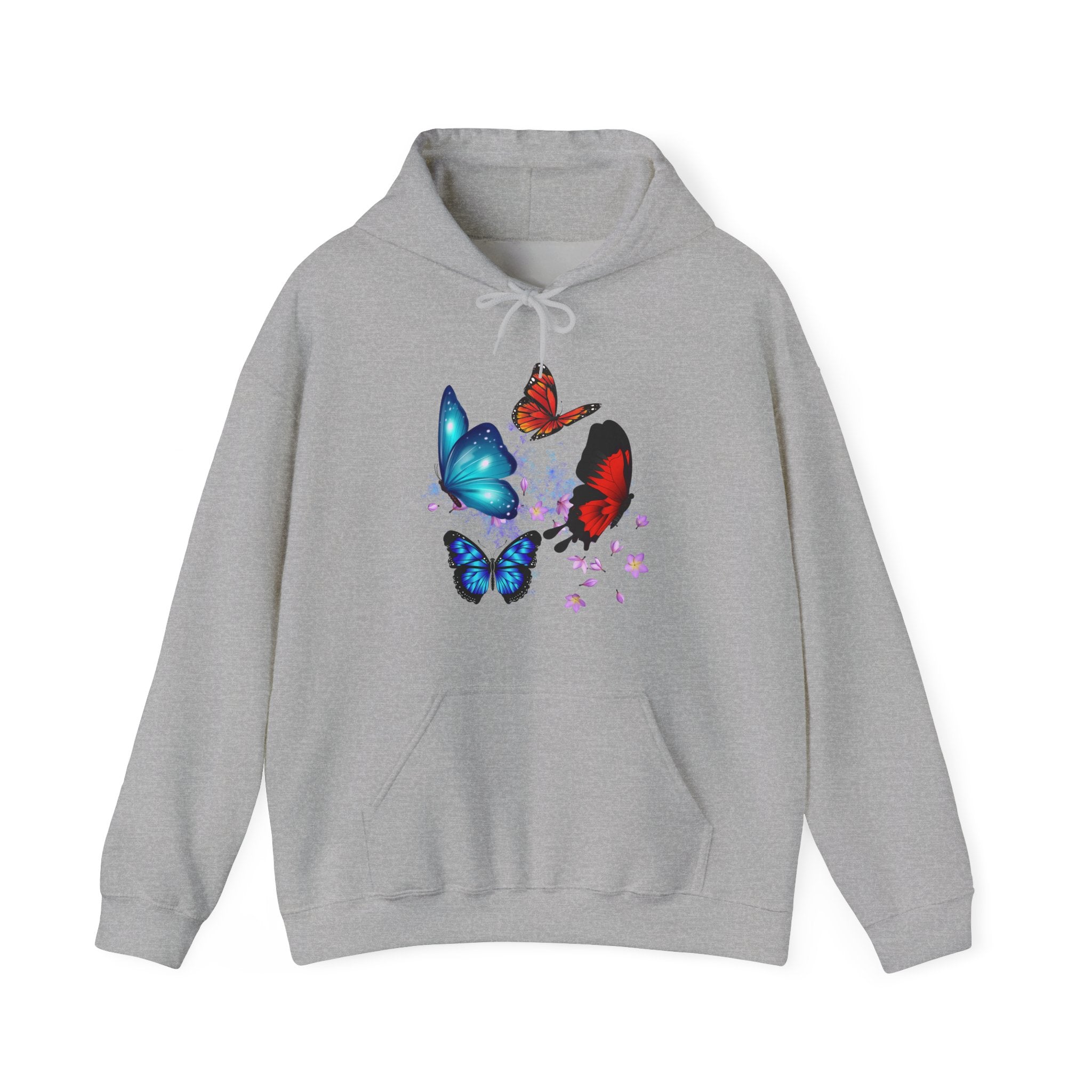 Gray hoodie with colorful butterfly designs on a white background