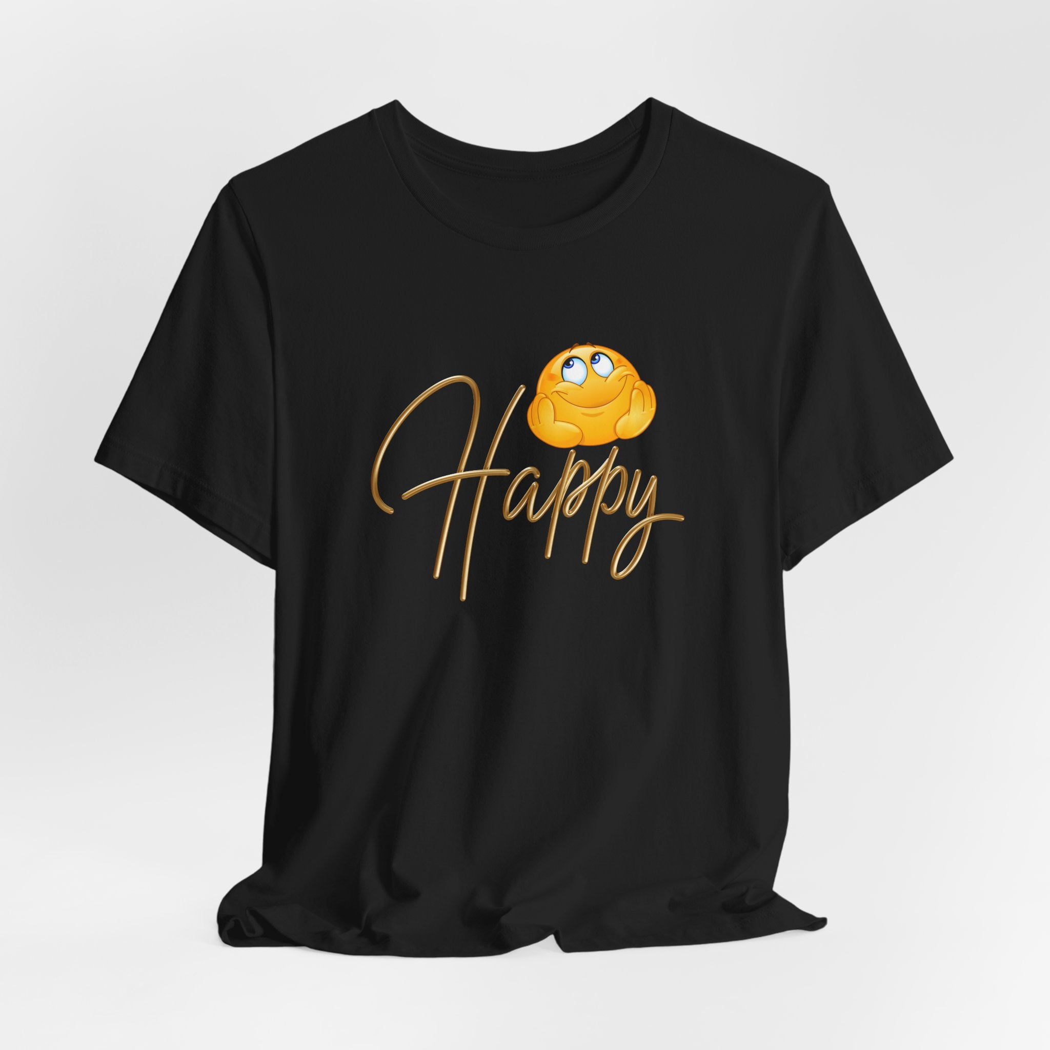 Black t-shirt with a yellow emoji and 'Happy' text on a white background