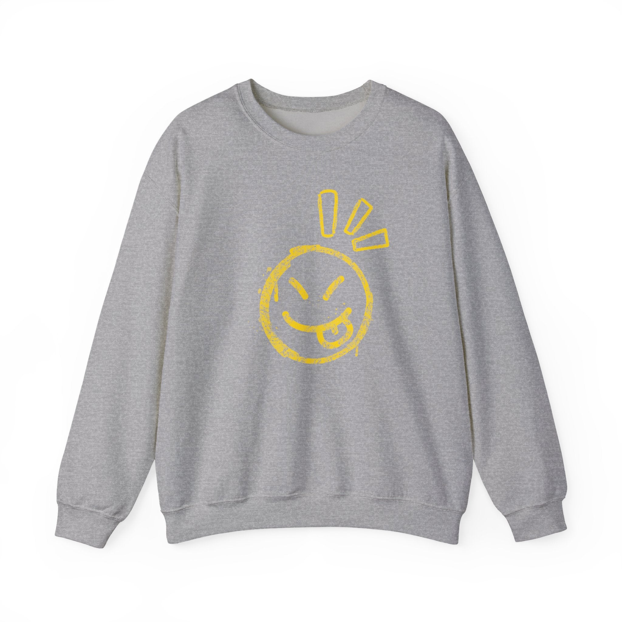 Gray sweatshirt with a yellow smiley face design on a white background