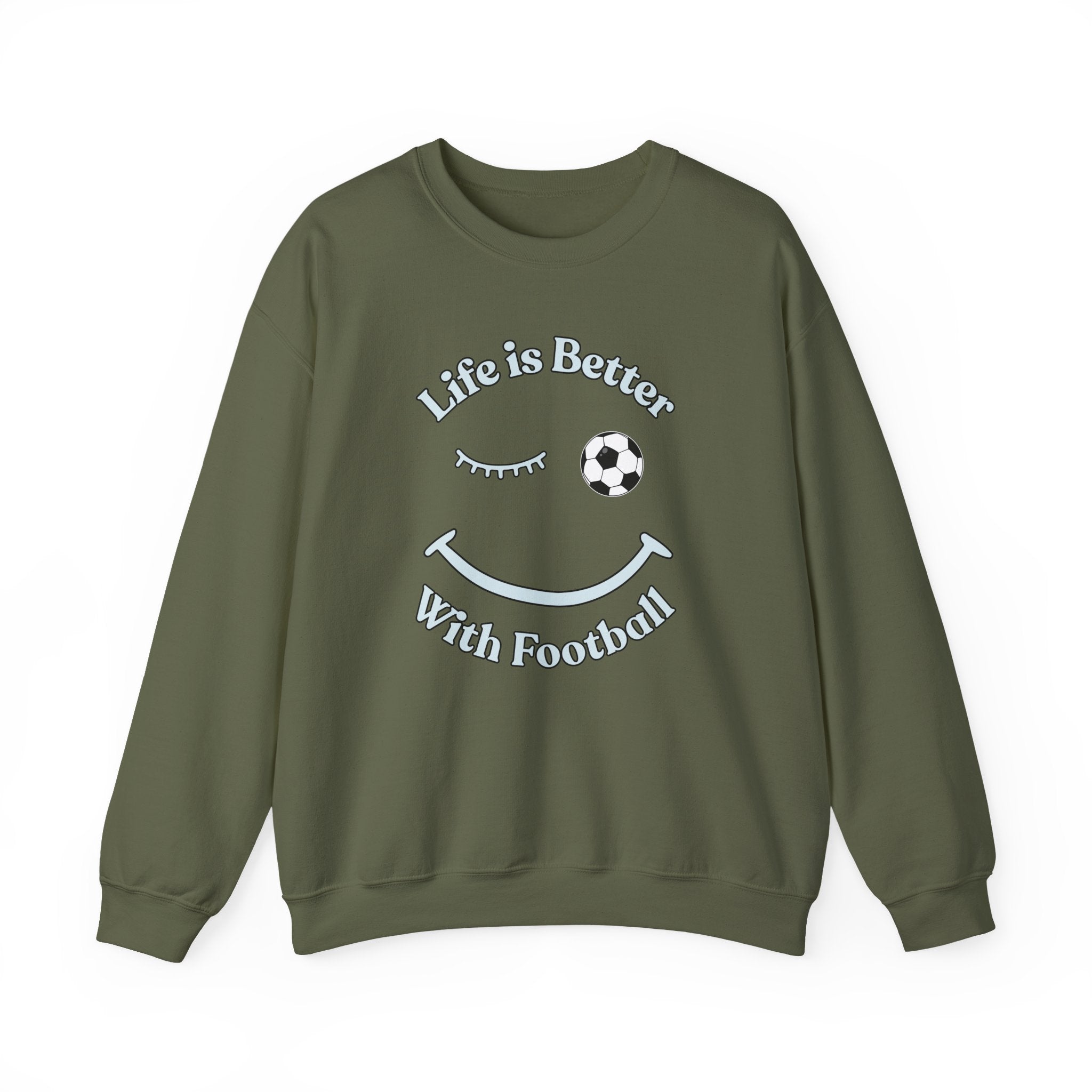 Green sweatshirt with 'Life is Better With Football' text and smiley face design on a white background