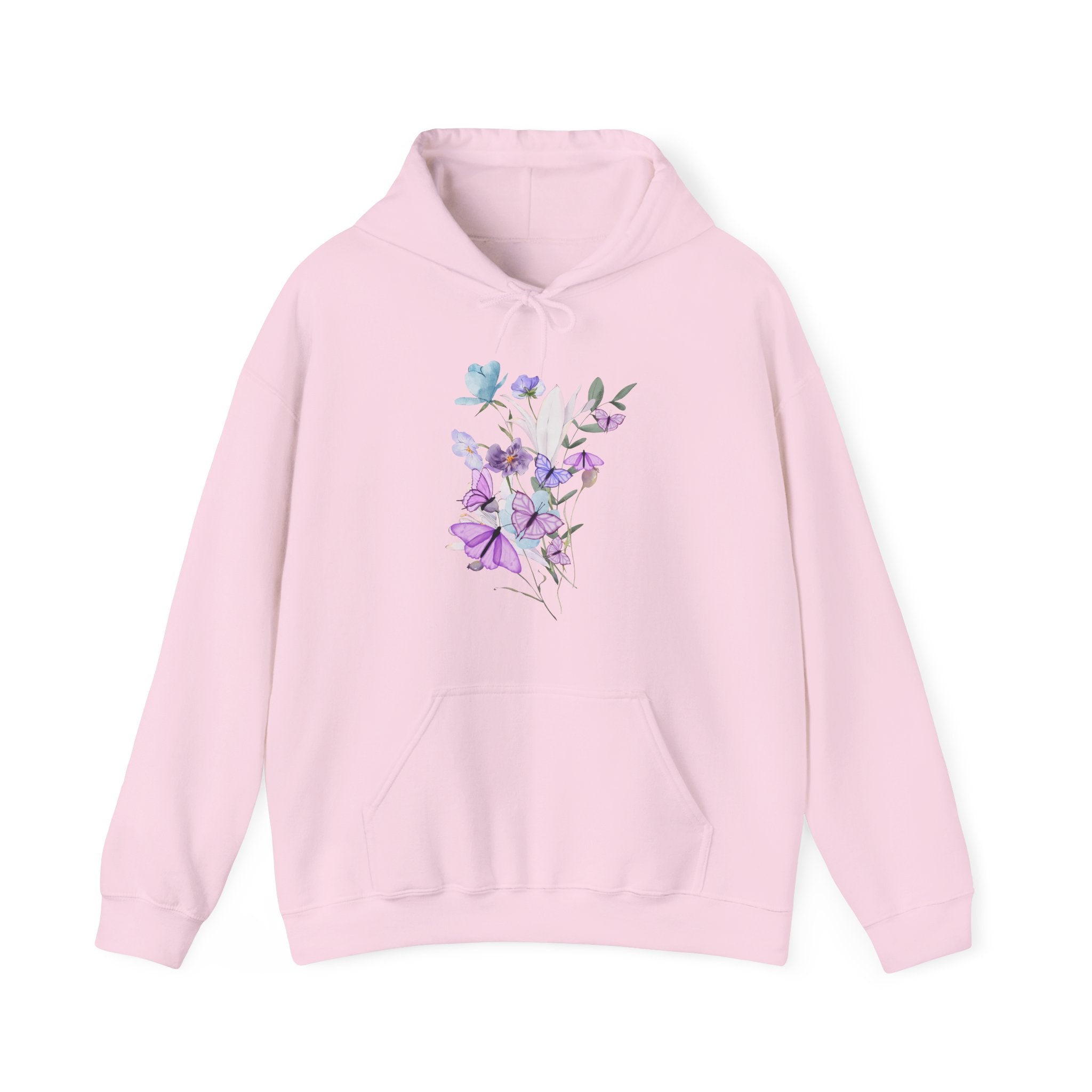 Pink hoodie with a graphic of flowers and butterflies on a white background