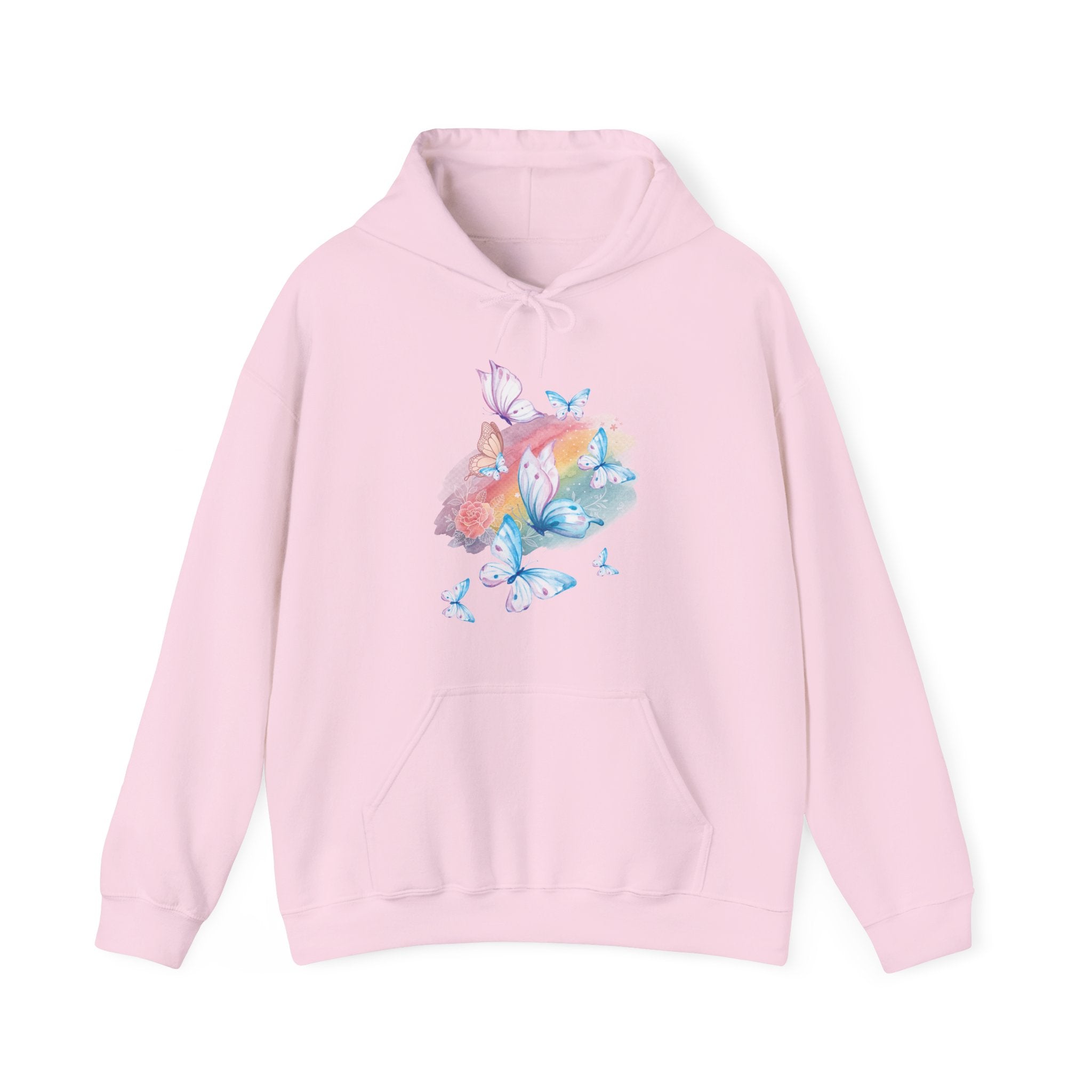 Pink hoodie with butterfly design on a white background