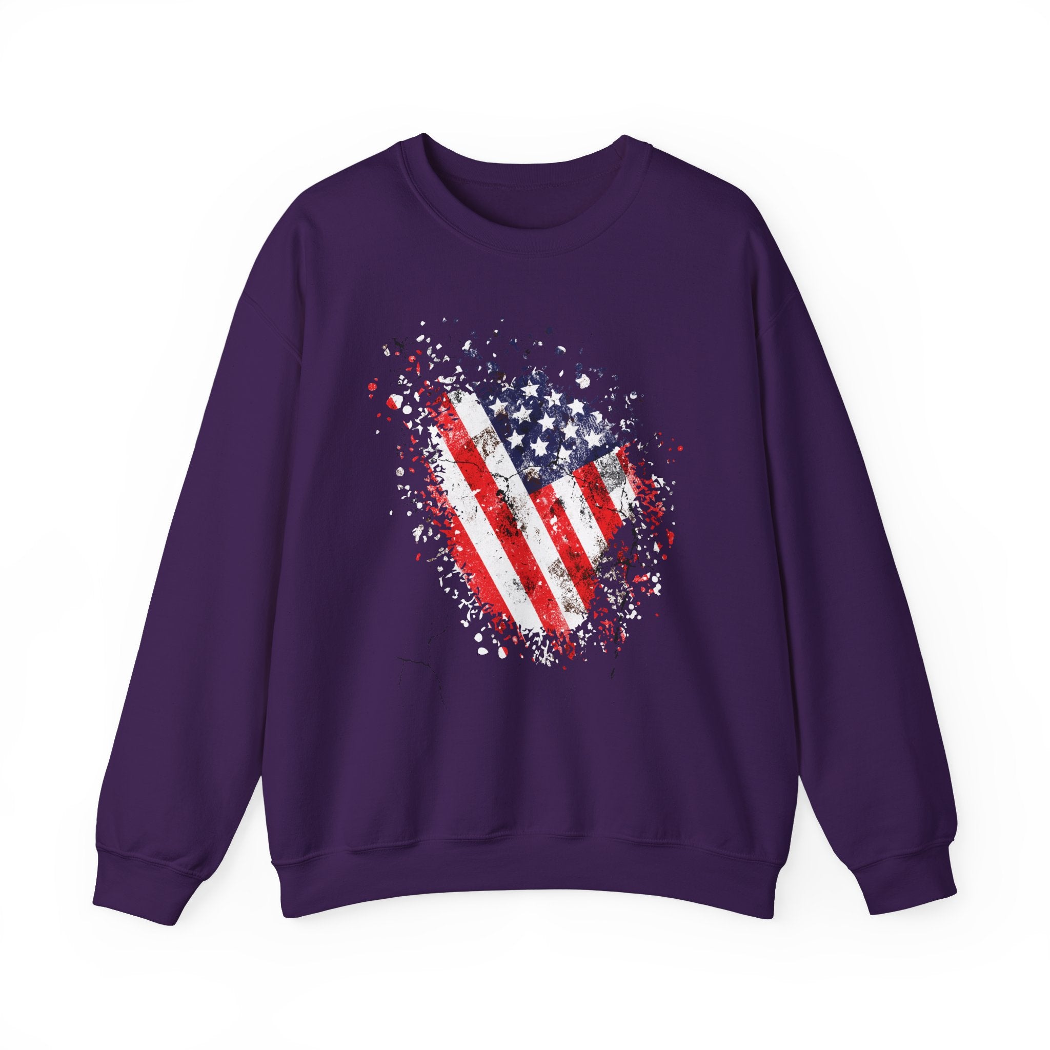 Purple sweatshirt with American flag design on a white background