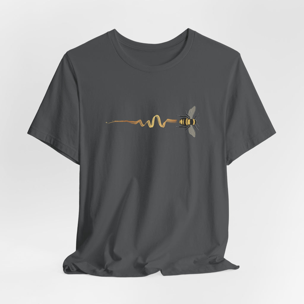 Green t-shirt with a bee and pulse line design on a light gray background