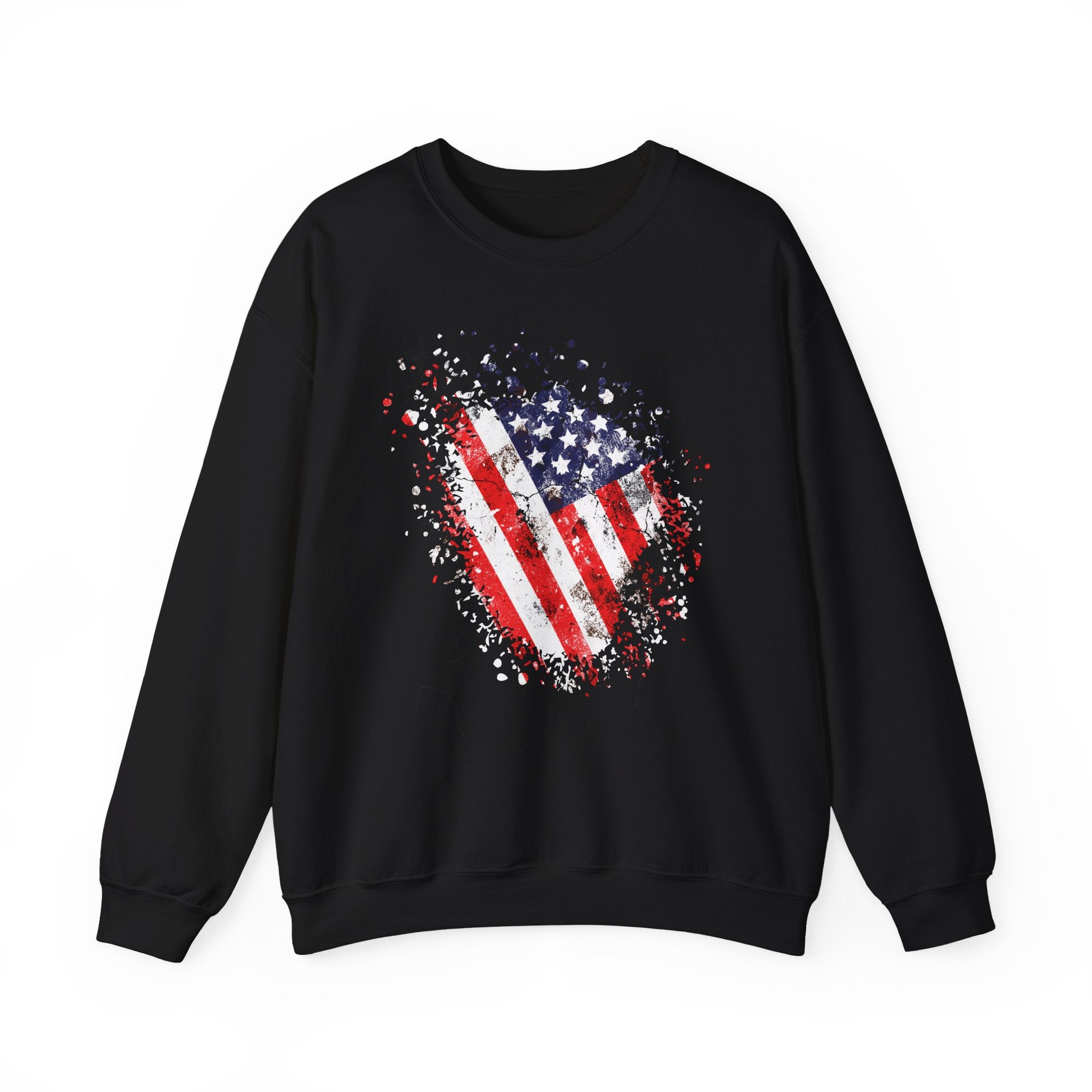 Black sweatshirt with American flag design on a white background