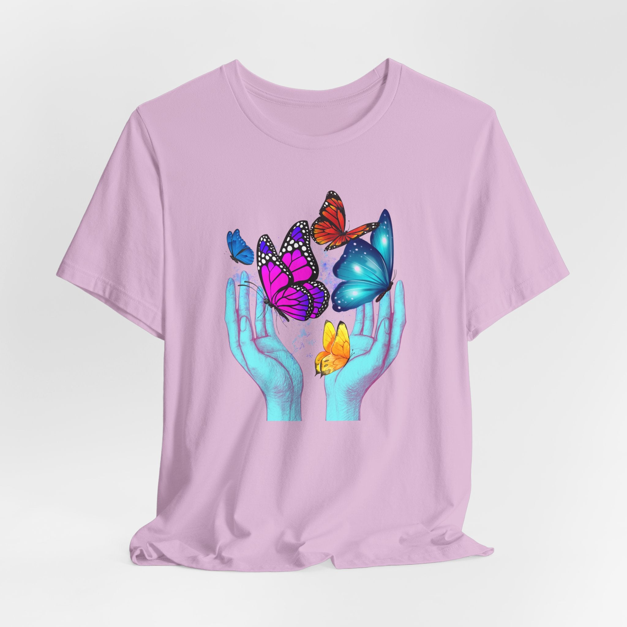 Lavender t-shirt with colorful butterfly graphic on a light purple background